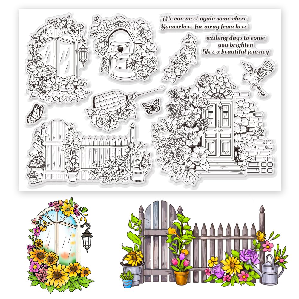 BEUNITONEDoor Fence Landscape Clear Stamps Large Size Flower Bird Cage Silicone Stamp Garden Blooming Scenery Stamps for Card Making DIY Scrapbooking Photo Album Journal Decoration