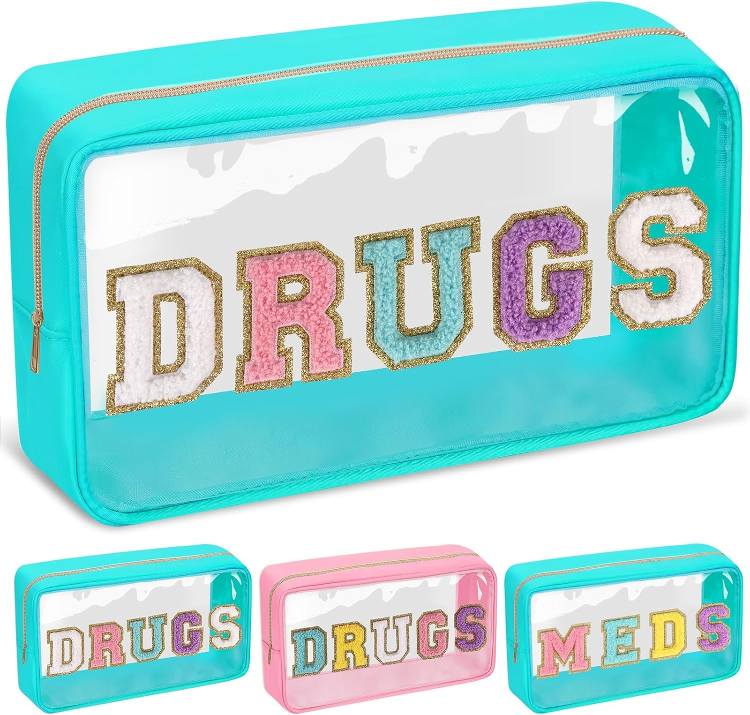 Bolsa de Aseo de PVC, Bolsa de cosméticos Transparente con Letras de Chenilla, Bolsa de Maquillaje Transparente, Bolsa Grande con Cremallera for Medicina de Viaje, Nailon Multicolor
