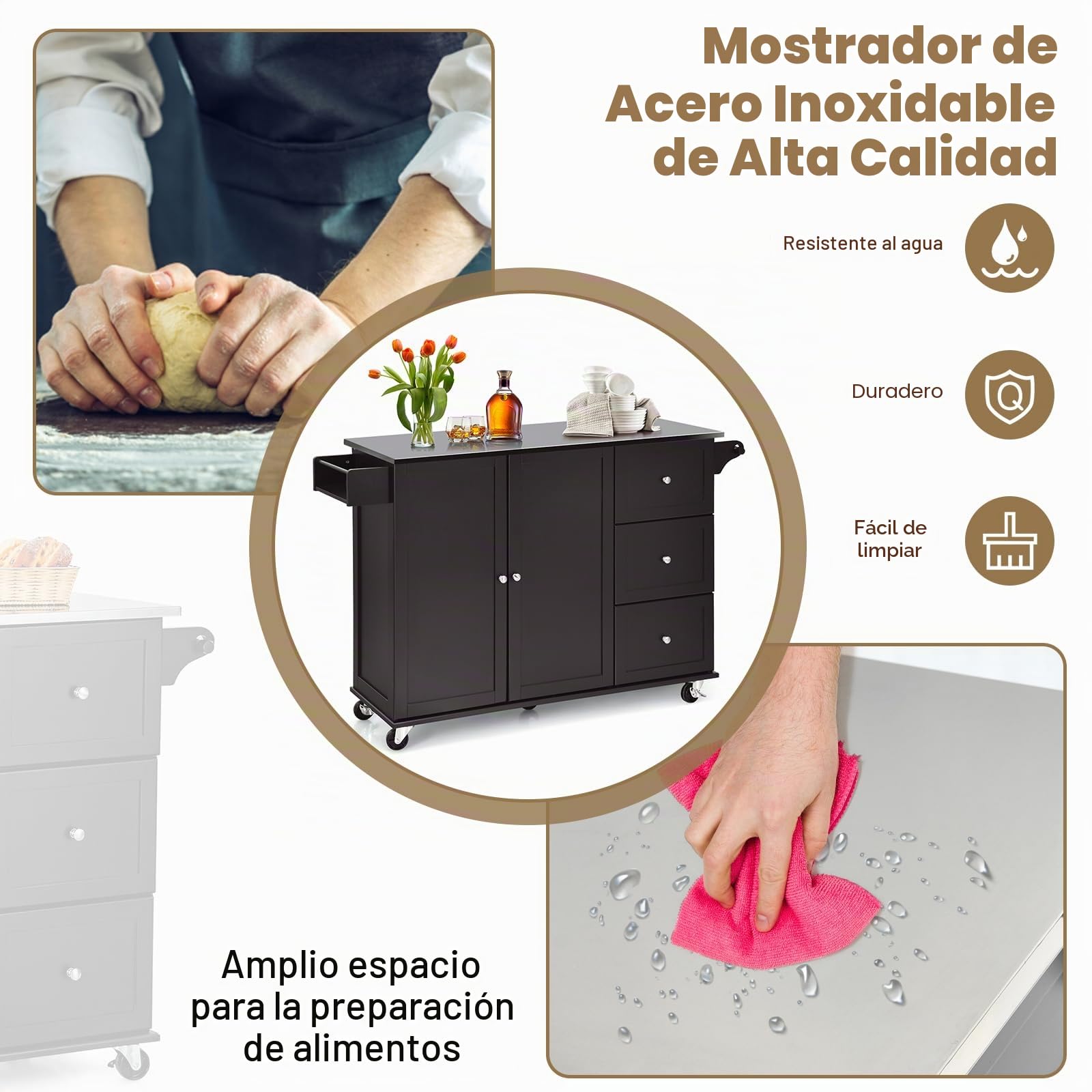 GOPLUS - Postre con ruedas de madera, estante de 3 niveles ajustables y 3 cajones, bandeja de acero inoxidable, soporte para especias, toalleros, 135 x 45,5 x 91,5 cm