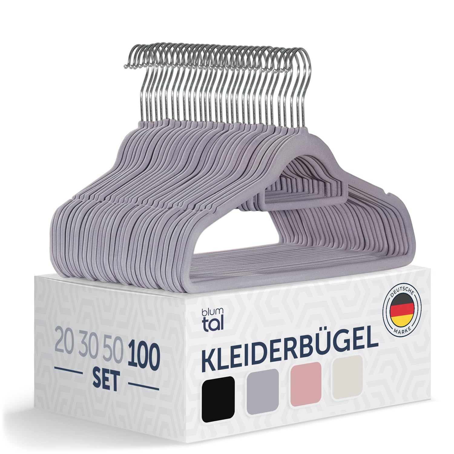 Blumtal 100 Stück Samt-Kleiderbügel - Samt-Kleiderbügel, rutschfest, um 360° drehbar, platzsparend, hochwertig mit Krawattenklammer - Grau