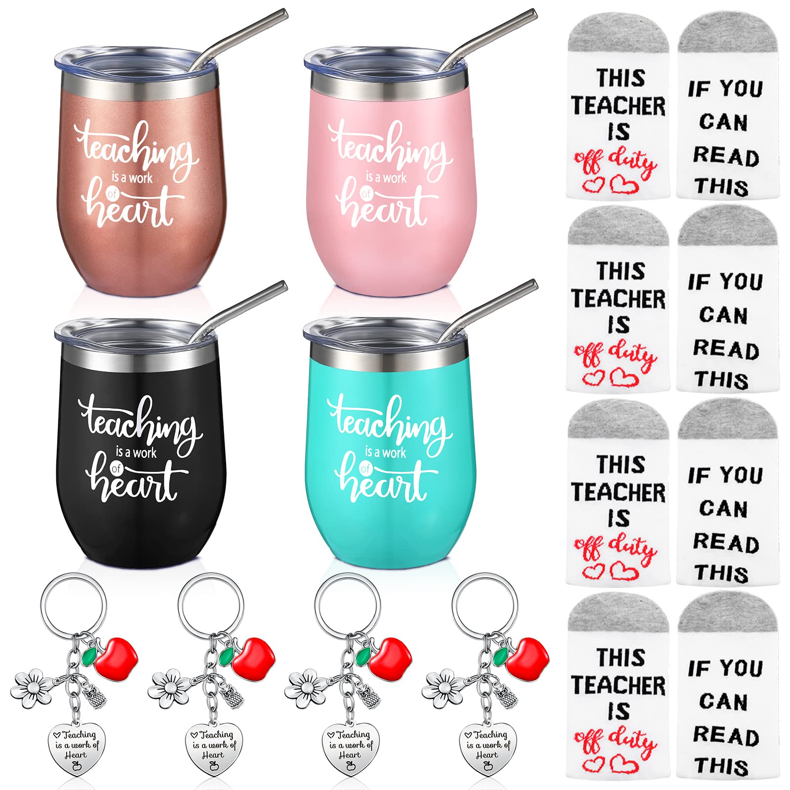 Yuxung 12 Pcs Christmas Teacher Appreciation Week Gifts Set Including 4 Appreciation Tumbler Mugs/Socks/Keychains Gifts for Women Nurse Teachers' Day