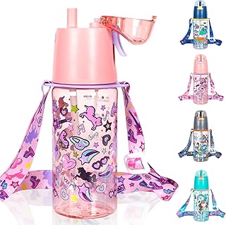 YOYTOO Kids Misting Water Bottle with Straw/Lanyard for School Girls, 20oz BPA Free Child Drinking Water Bottle 2-in-1 Mist And Sip Function Leak-Proof for School Sport Travel (Unicorn)