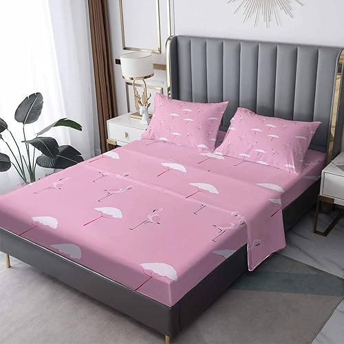 Juego de sábanas de flamenco tamaño California King, color rosa, sábanas y fundas de almohada para niñas, juego de 4 piezas  Sábana bajera ajustable