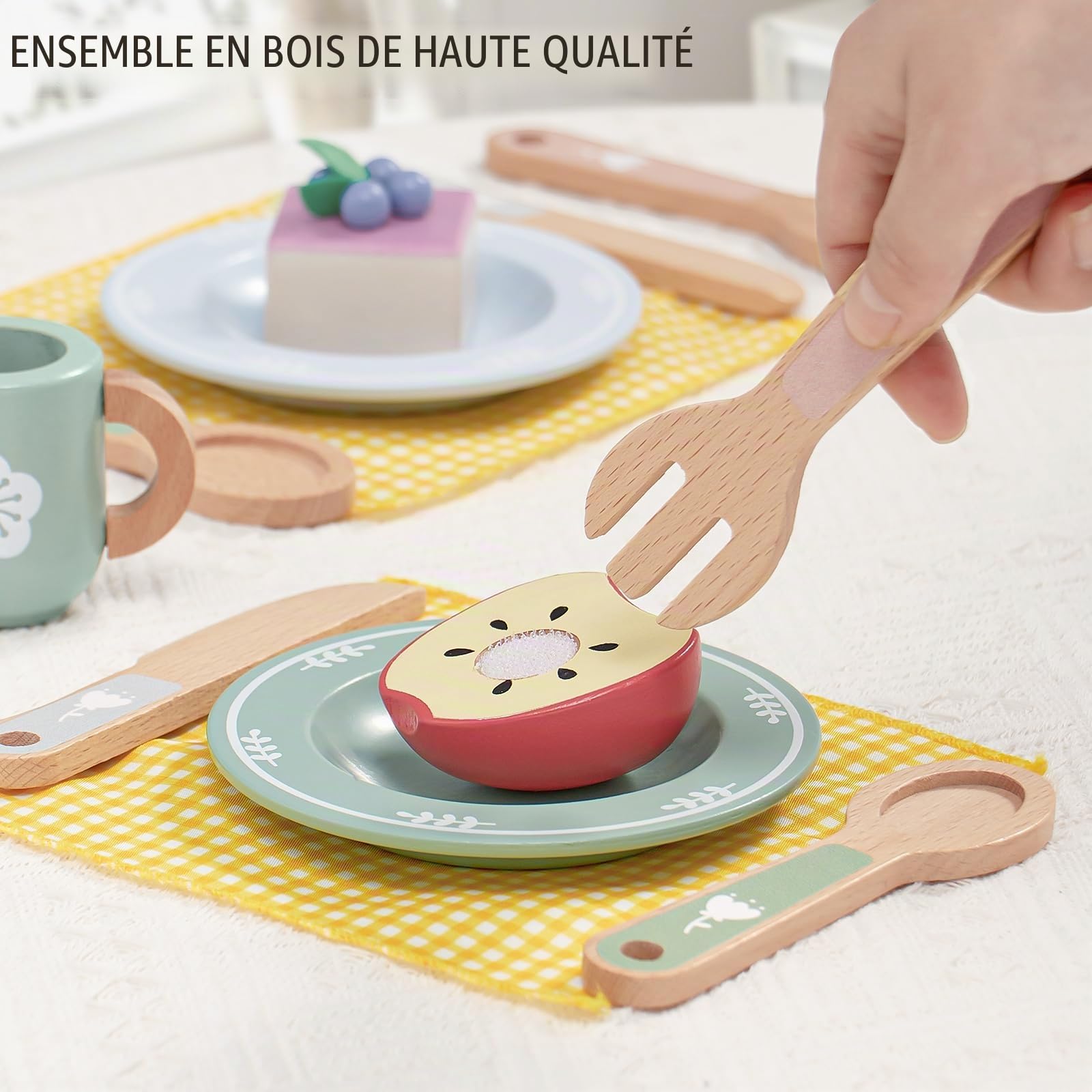 Atoylink Accessoires de cuisine pour enfants - Vaisselle en bois - Service à thé pour enfants - Ensemble de vaisselle avec tasses, assiettes, accessoires de cuisine en bois - Jouet de jeu de rôle