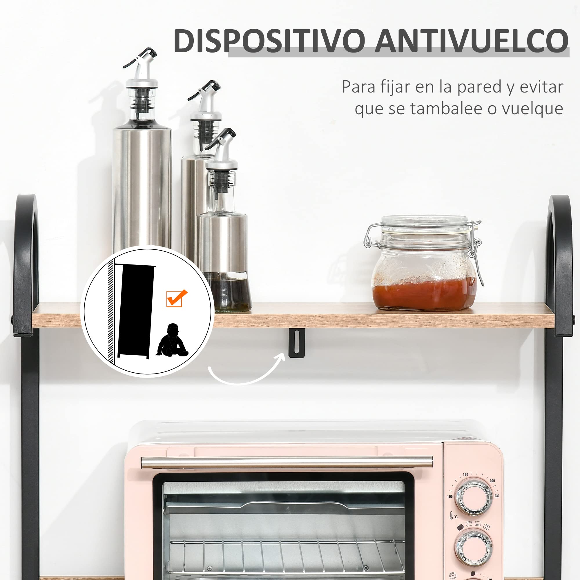HOMCOM Estantería de Cocina de 4 Niveles Estante de Cocina con Ganchos Estantería para Microondas 60x40x125 cm Madera Natural