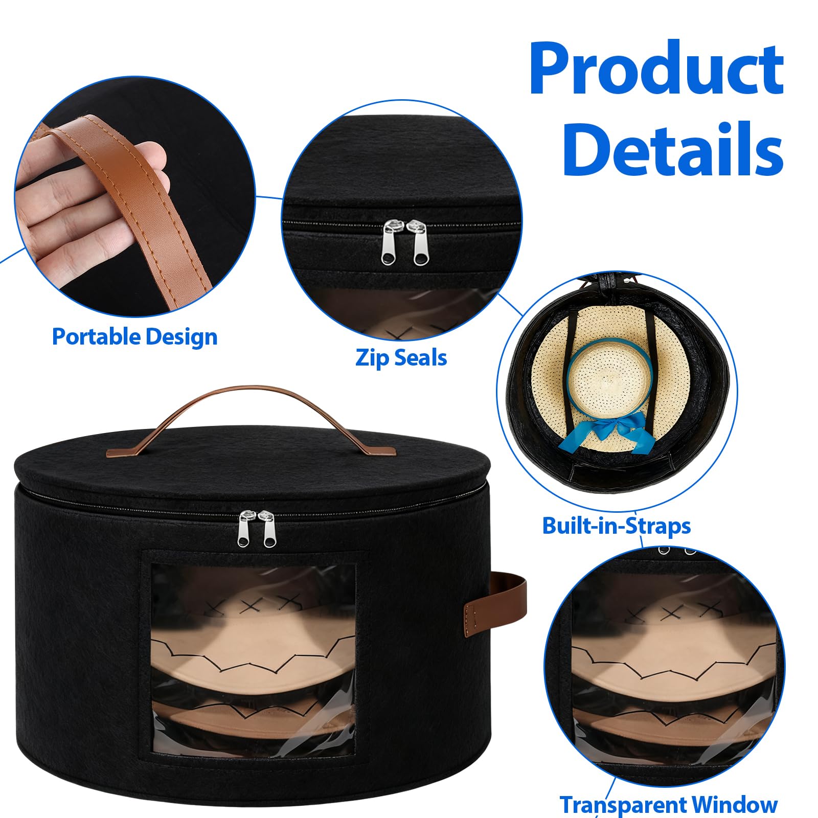APACALI 2 Pack Hutboxen mit Deckel, 42 x 26 cm, runde Hutaufbewahrungsbox, faltbare Hutboxen mit transparentem Fenster und Griffreißverschluss zur Aufbewahrung von Kleidung, Schwarz