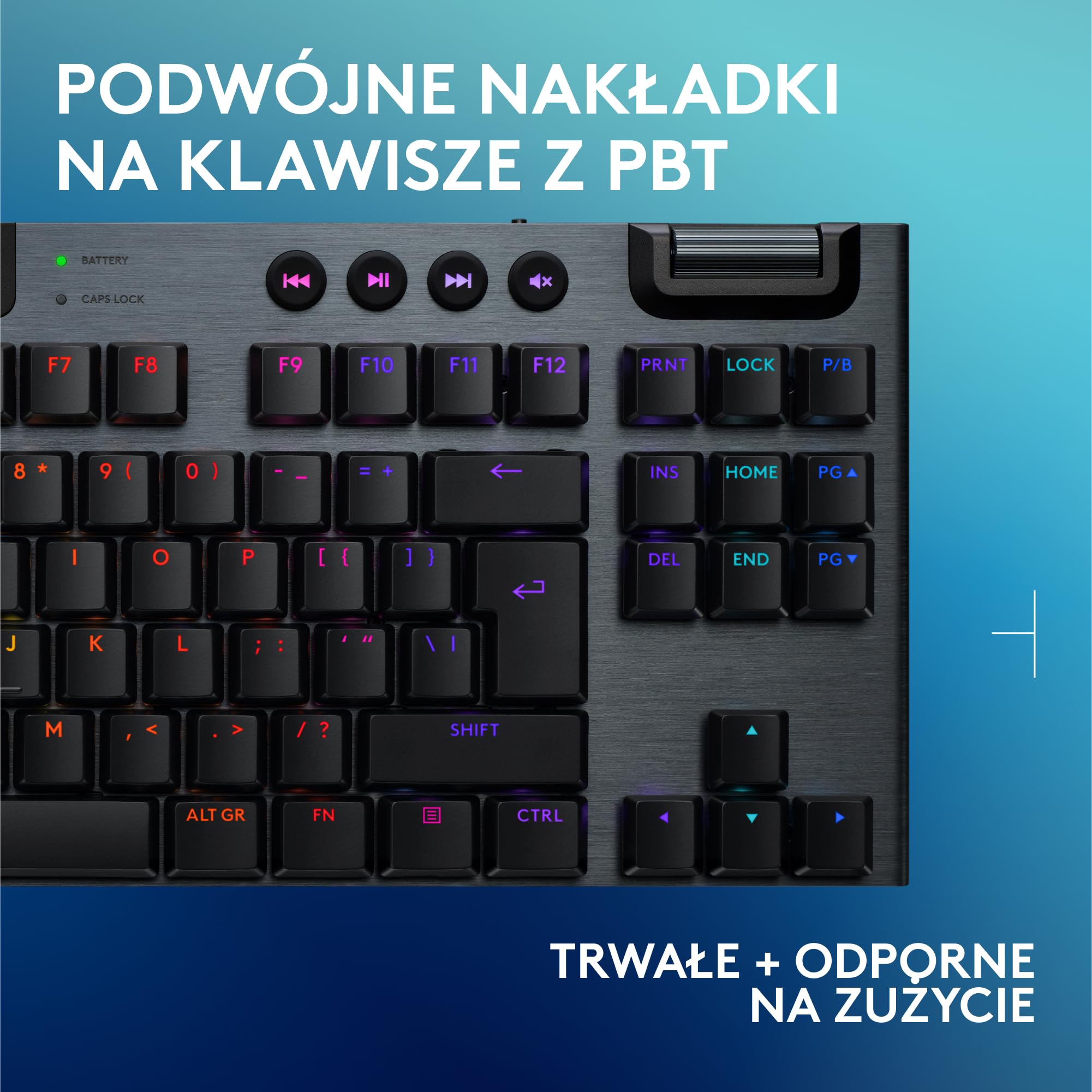 Logitech G G915 X, o płaskim profilu, z technologią LIGHTSPEED, podwójne nakładki na klawisze z PBT, aluminiowe wykończenie, brązowe przełączniki sprężynujące GL Brown, QWERTY US INT'L - Czarny