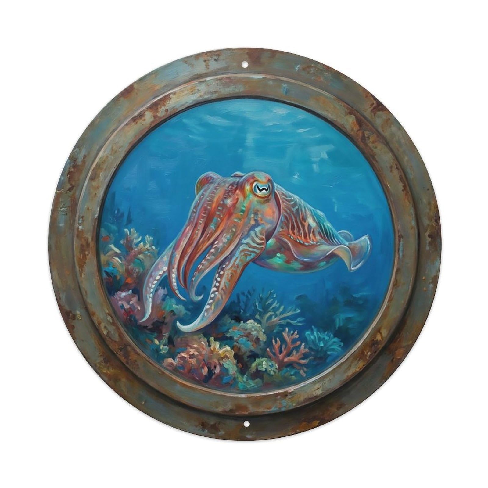 Vintage Porthole Cuttlefish Ship Window Undersea Deep Sea Metal Tin Sign