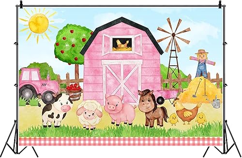 GKLEASG Pancarta de dibujos animados rosa para decoración de granja, 7 x 5 pies, baby shower, animales a cuadros, granero para niños, fiesta de