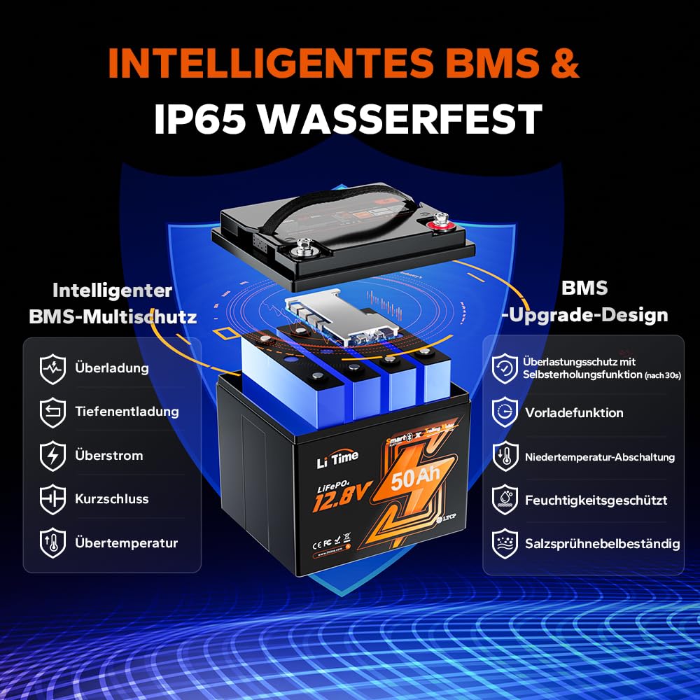 LiTime LiFePO4 12V 50TM Bluetooth Tieftemperaturschutz LiFePO4 Lithium Batterie, 50A BMS, Max. 15000 Zyklen, Perfekt für Trolling Motoren, Marine, Boot, Yacht, RV, Fishing Finder