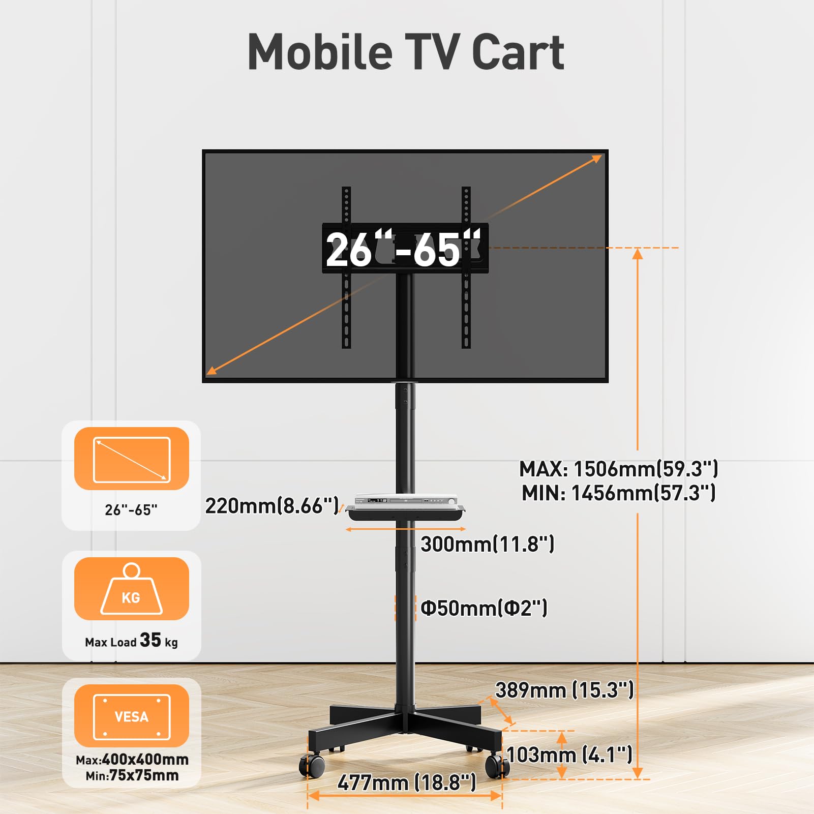 ELIVED Mobilny stolik pod TV na kółkach 26-65 cali, stojak pod telewizor | Regulacja wysokości i pochylenia, wózek TV na kółkach, VESA do 400x400 mm, udźwig 35 kg, dodatkowa półka w zestawie