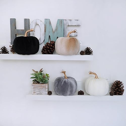 Miniatura 8 de Winlyn 4 calabazas de terciopelo sintético surtidas, calabazas de tela decorativa, calabazas de espuma en blanco, negro, gris, gris topo, de 5