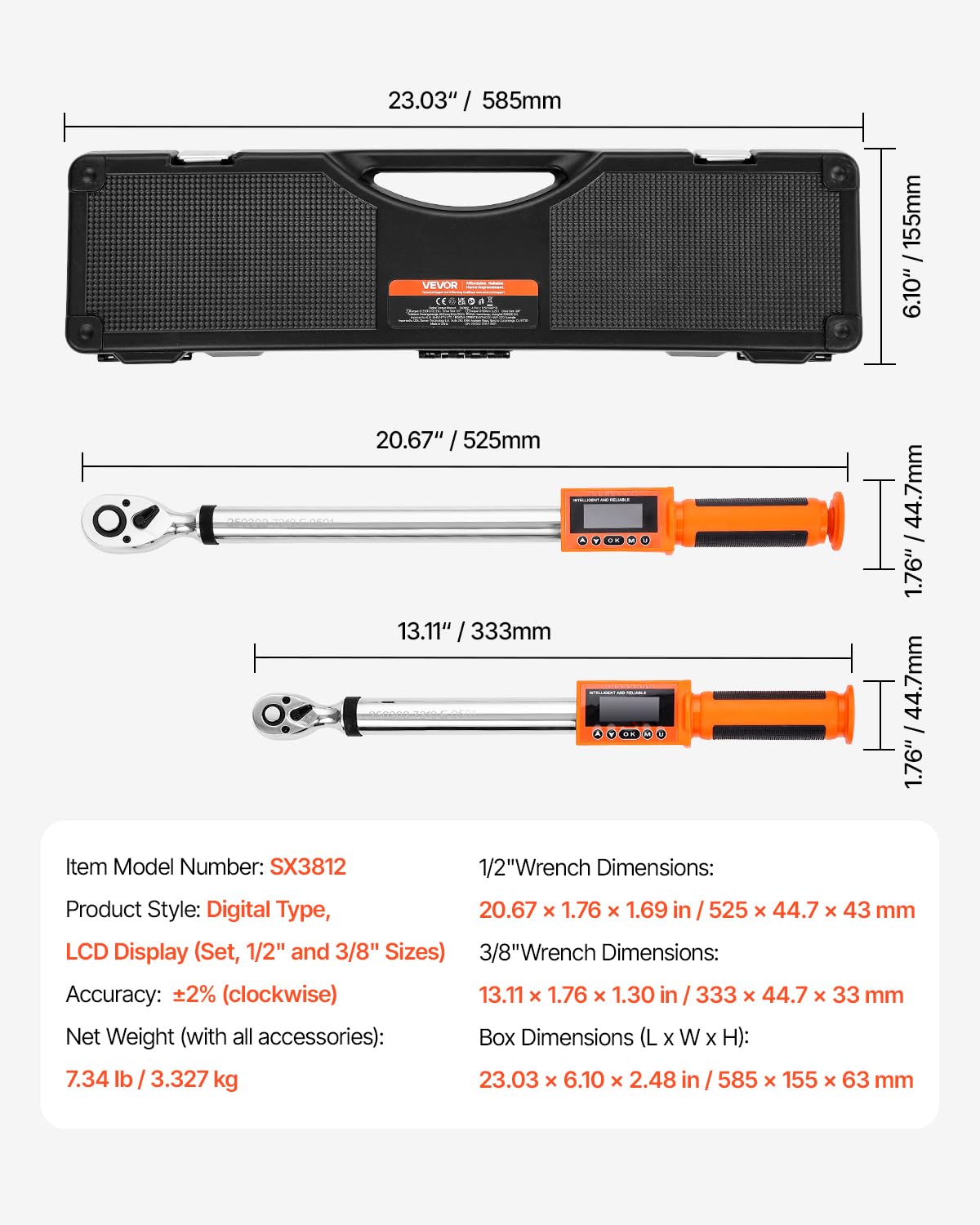 VEVOR 2 PCS Juego de Llaves Dinamométricas Digitales Accionamiento de 1/2" y 3/8" 72 Dientes ±2% de Precisión Llave Dinamométrica Electrónica con Valor Preestablecido, Zumbador y Notificación LED
