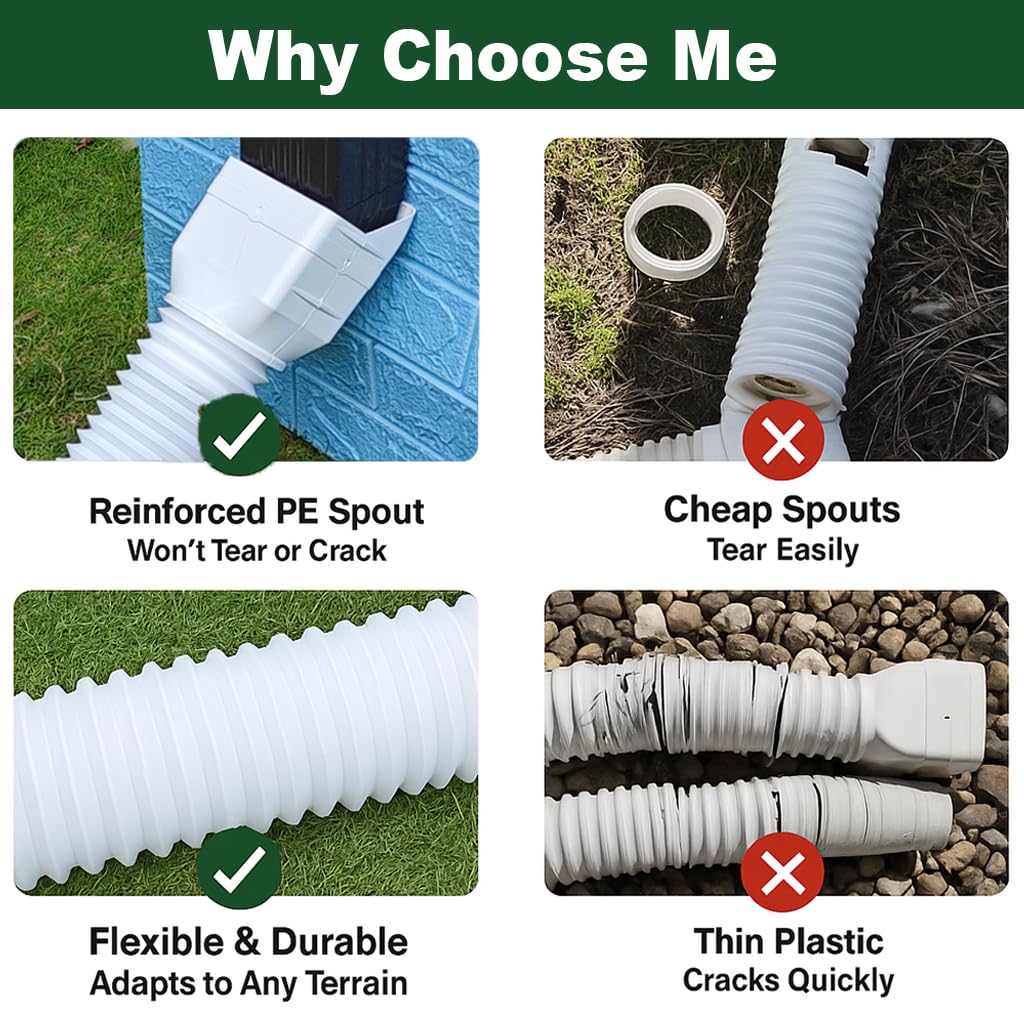 Paquete de 2 extensiones de canalón de lluvia flexibles, extensor de bajante para drenaje de agua de lluvia flexible, tubo de extensión de drenaje de boquilla descendente, extensible de 21 a 62