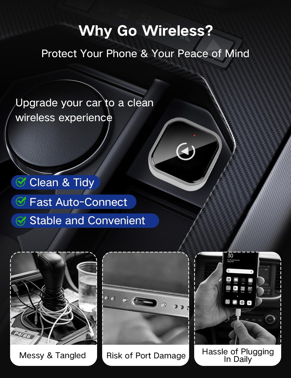 Adaptateur CarPlay sans fil pour iPhone CarPlay/Android Auto, mise à niveau rapide vers le sans fil, Plug & Play, Bluetooth 5.2 et WiFi 5GHz 4, sans latence, Mini & Stable, connexion