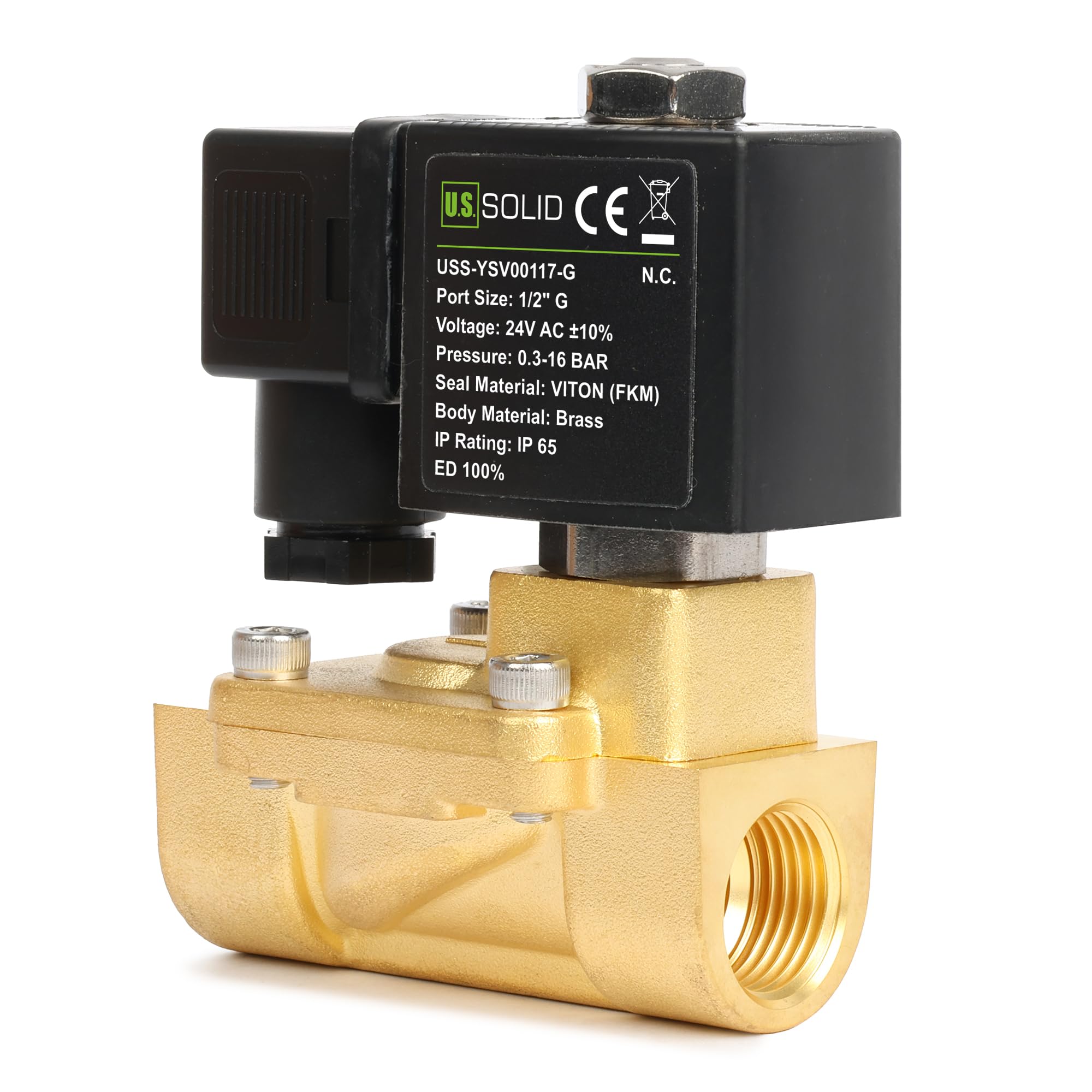U.S. Solid Válvula solenoide de latón de 1,27 cm, 24 V CA, 0,3-16 bar, normalmente cerrada, sello Viton, rosca G, operada por piloto