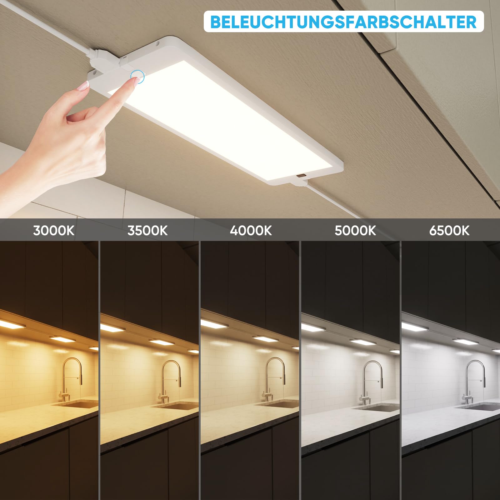 LED Unterbauleuchte Unterschrank Küche Lampe Flach Dimmbar für Küchenschrank Arbeitsplatte Küche, 3er Anschließbare Lampen mit Berührungsloser Schalter, 230V, 5 Beleuchtungsfarb Modi