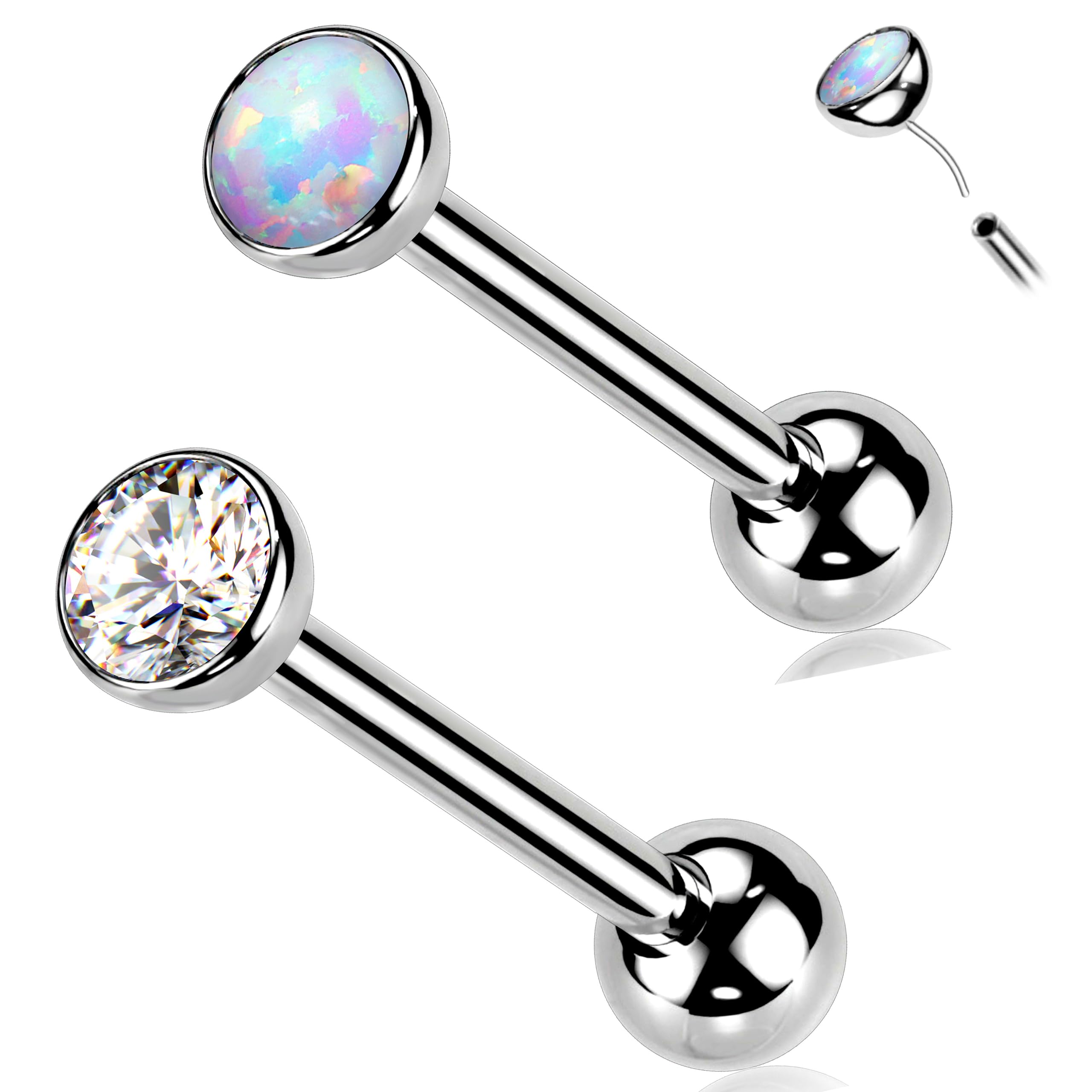 MelightingPiercing de lengua de titanio de grado G23 sin rosca de 14 g, par de anillos de lengua de ópalo con circonita cúbica brillante, Titanio