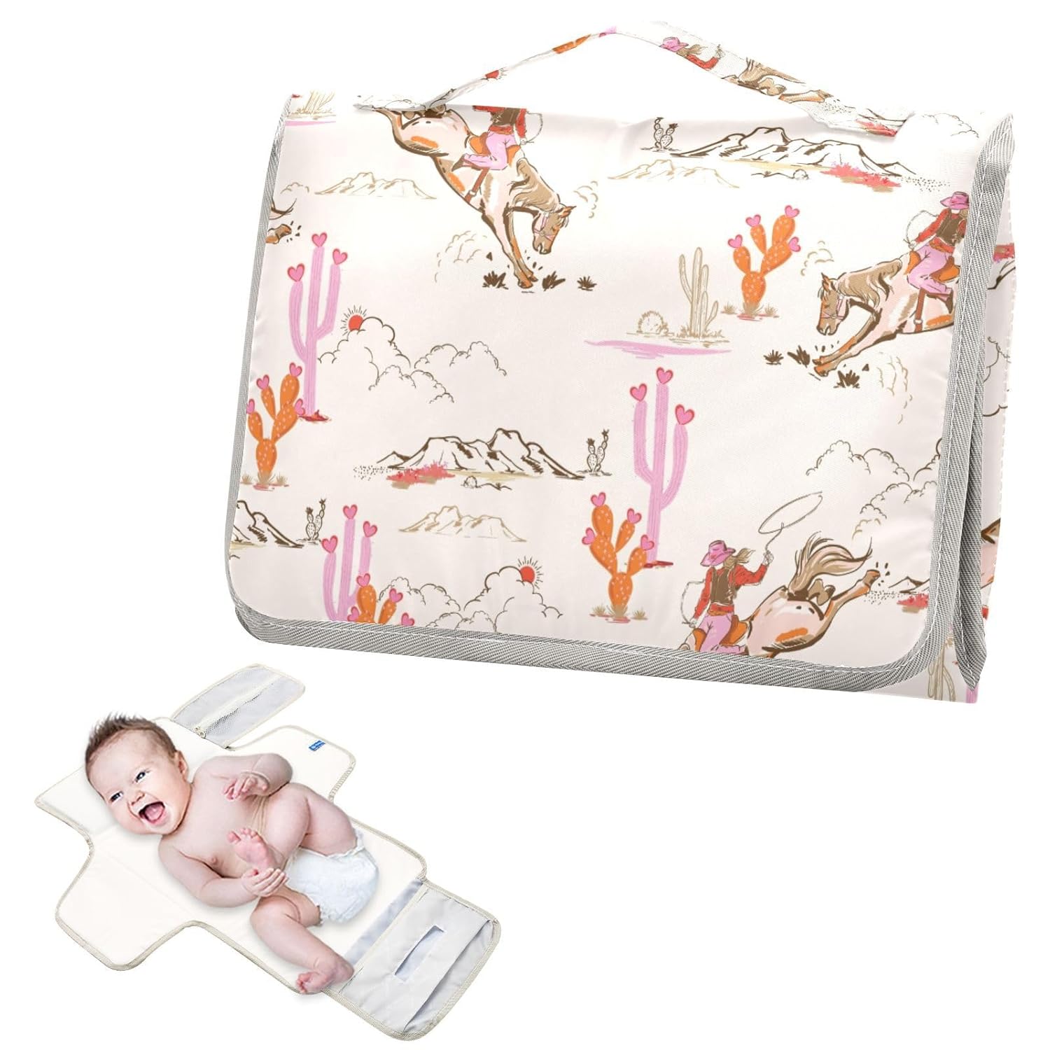 Portable Changing Pad for Baby - Cute Rodeo Cowgirl Waterproof Diaper Changing Mat Travel Changing Pad with Built-in Pillow - Shower Gift for Baby image 2 of 7 B0D12LD1VX