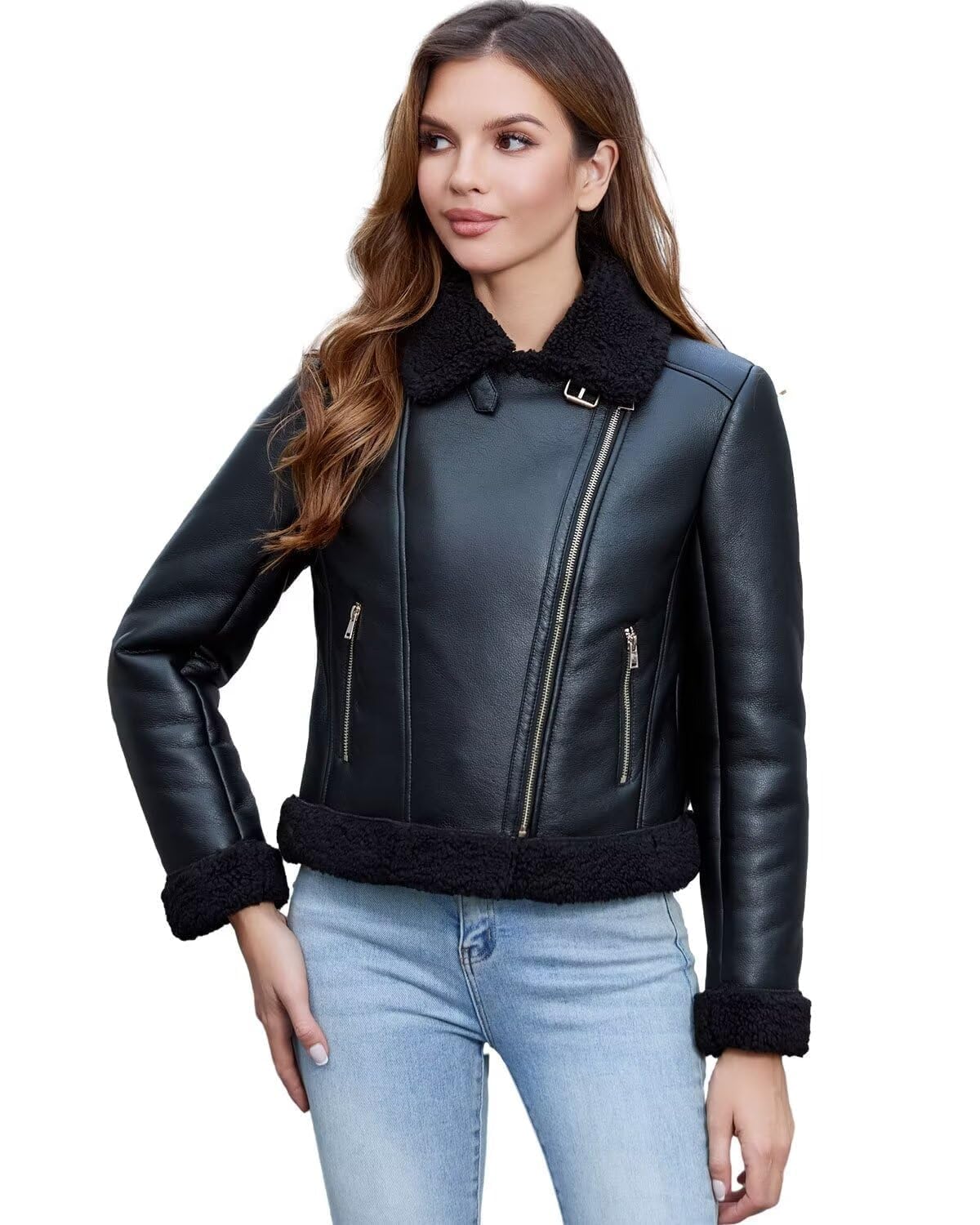 DIASHINY Women Faux Shearing Fur Jacket Sherpa Lined Faux Leather Coat