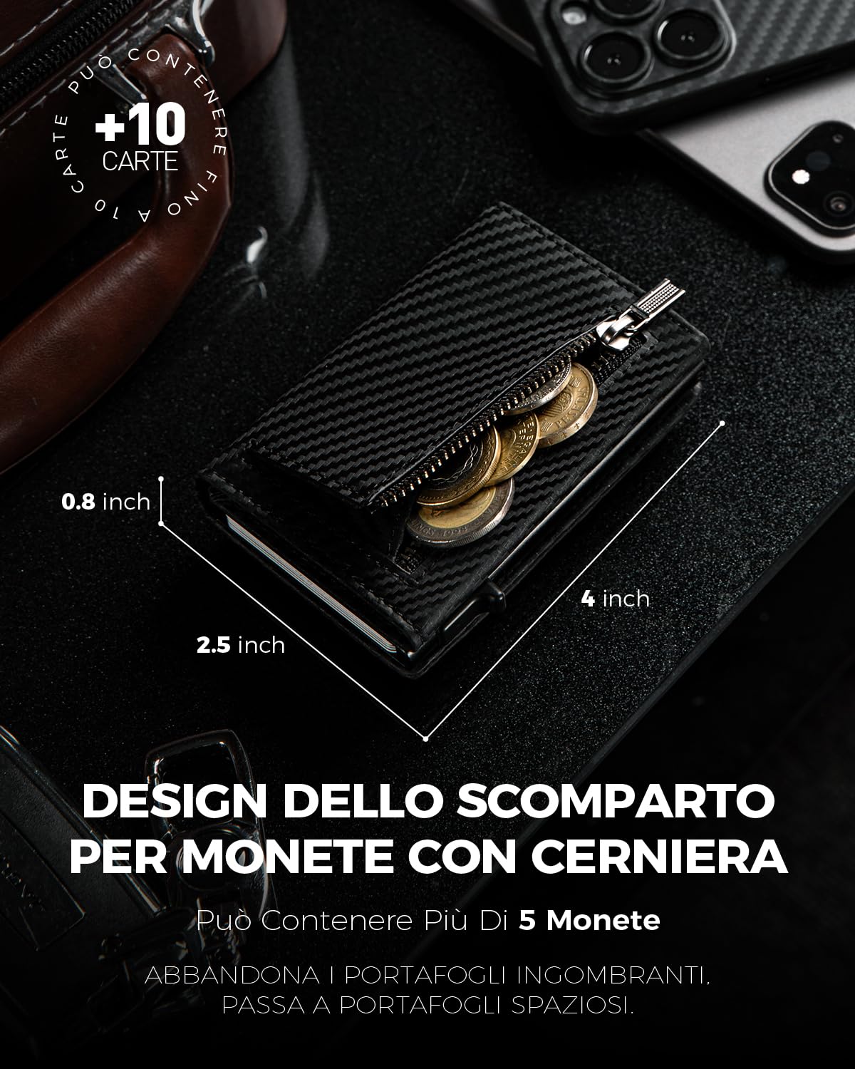 DODENSHA Portafoglio Airtag con Portamonete | Slim Portafoglio 10+ Carte | Protezione RFID | portafoglio uomo piccolo | Porta Carte di Credito Uomo | Moero Portafoglio Slim | Senza AIRTAG | Carbonio