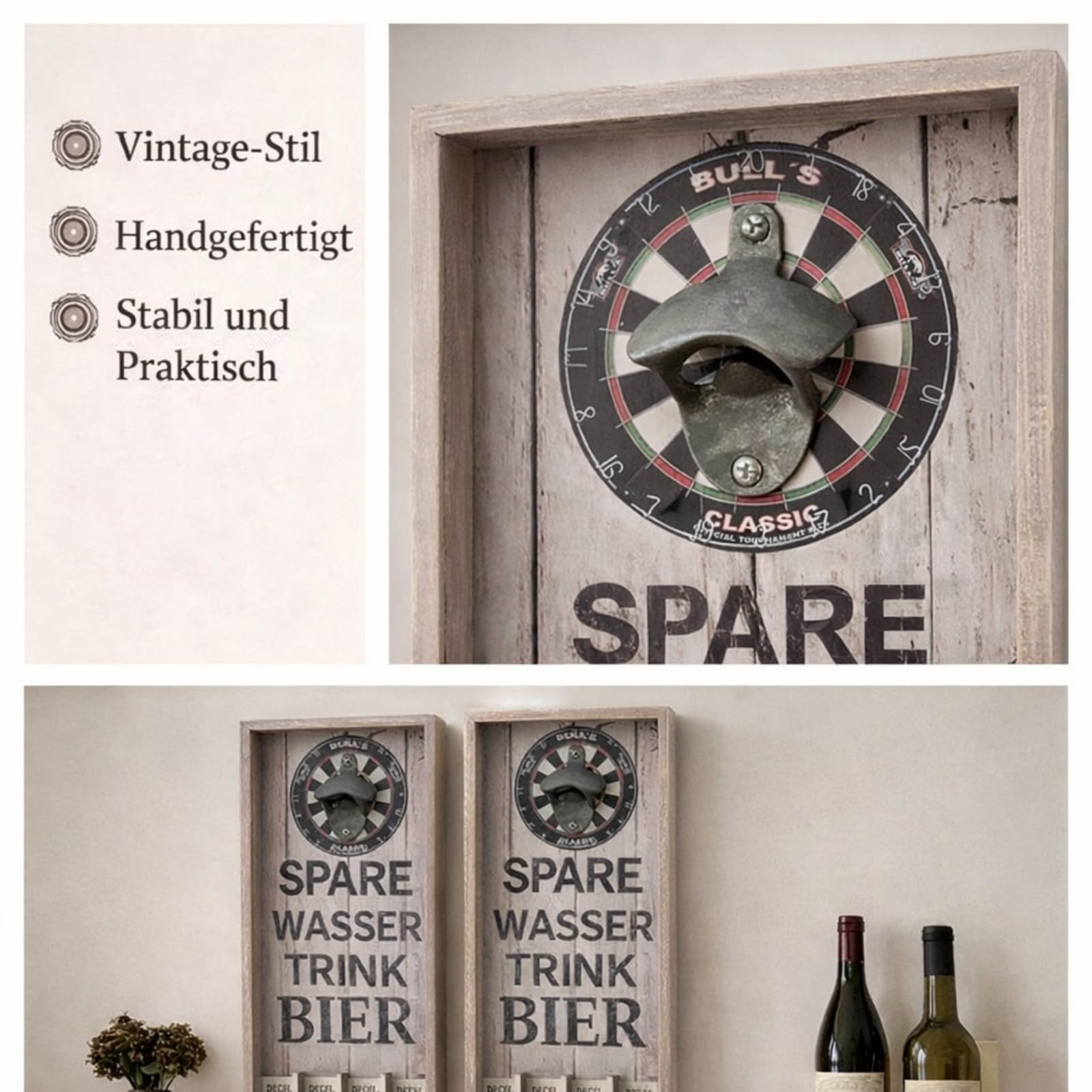 Vintage Wandflaschenöffner mit Kronkorken Sammler – Wandmontierter Flaschenöffner aus Holz & Metall, Retro Bier Flaschenöffner mit Auffangbehälter für Hausbar Küche Garage Männerhöhle