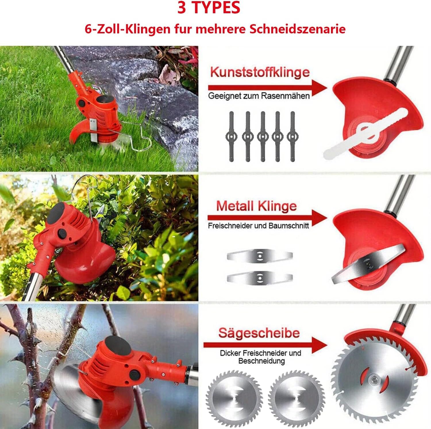 Desbrozadora con batería, batería eléctrica para baterías Makita 3 en 1, desbrozadora giratoria 90°, con batería y cargador, mango ajustable para podar césped y jardín (rojo)
