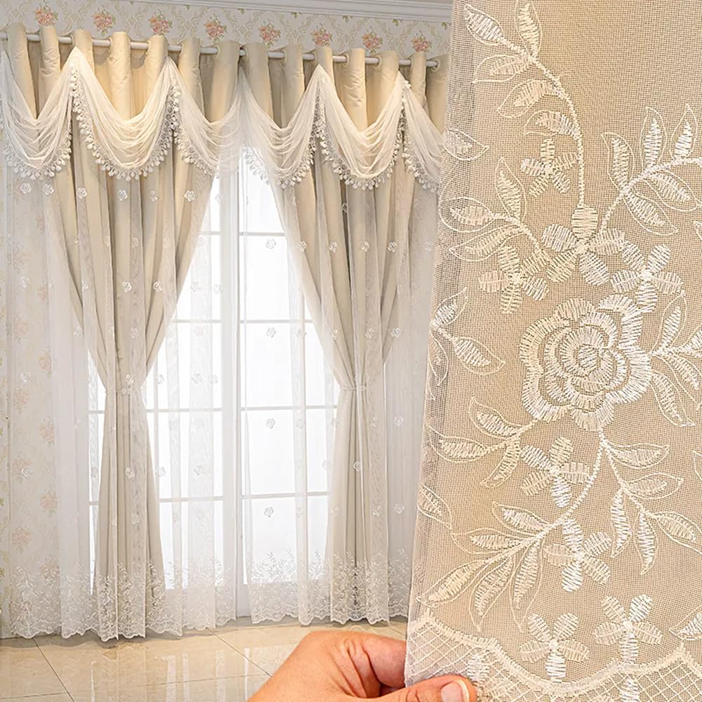 Amidoudou 1 Pair Simple Double Layer Curtains for Living Room Luxury Floral Embroidered Curtains with Wavy Valance (Green,66 x 96 Inch)