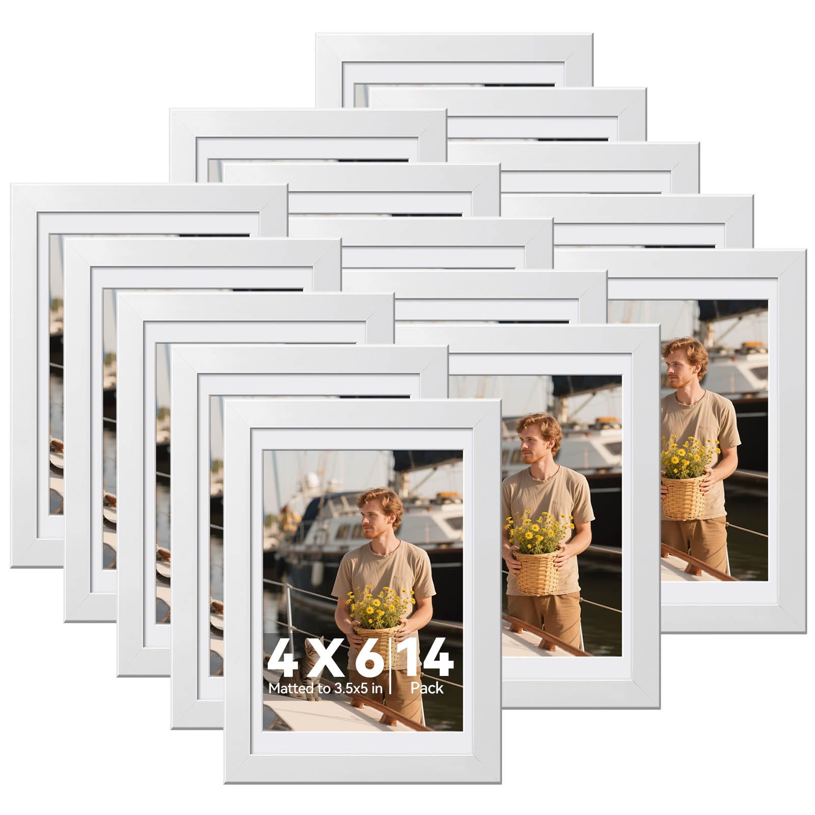 HappyHapi 4x6 Picture Frames Set of 14, Tabletop or Wall Display Photos 3.5x5 with Mat or 4x6 Without, Bulk Picture Frames Collage for Prints, Photos, Landscape and Artwork (White)