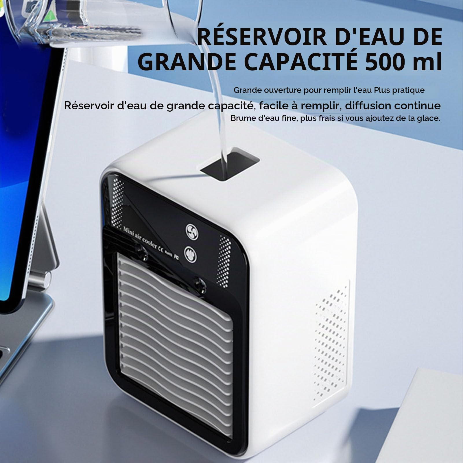 Mini Rafraîchisseur d’Air Bureau USB Rechargeable avec Brume | Batterie 3000mAh, brumisation, affichage digital, poignée, 2 modes d’air, moins de 55dB, format compact.