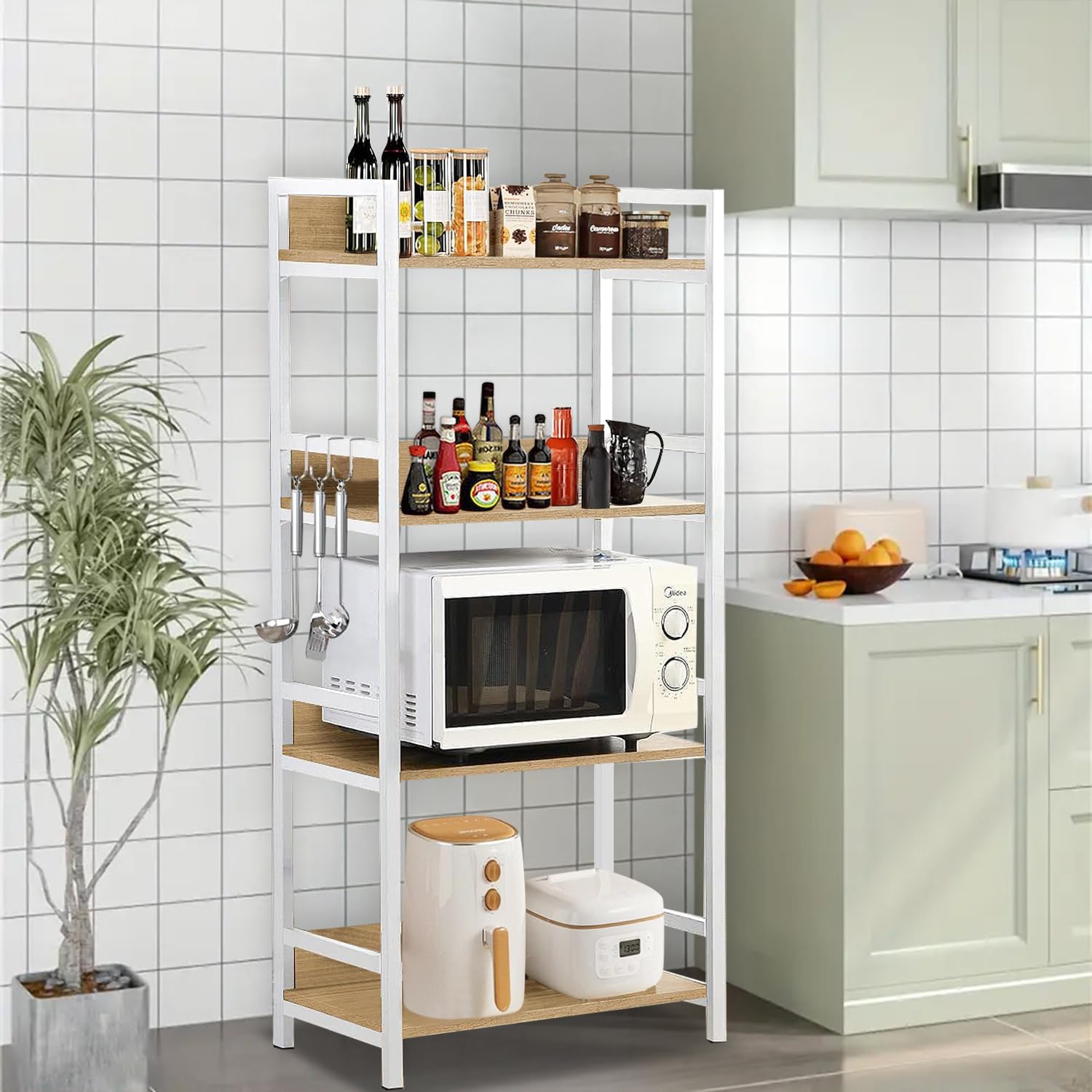 Everline Multipurpose Wooden and Metal 4-Layer Shelf for Kitchen Storage, OTG Stand, Microwave Rack, Oven, Air Fryer Cabinet for Home Pantry Unit, and Iron Organizer (White)