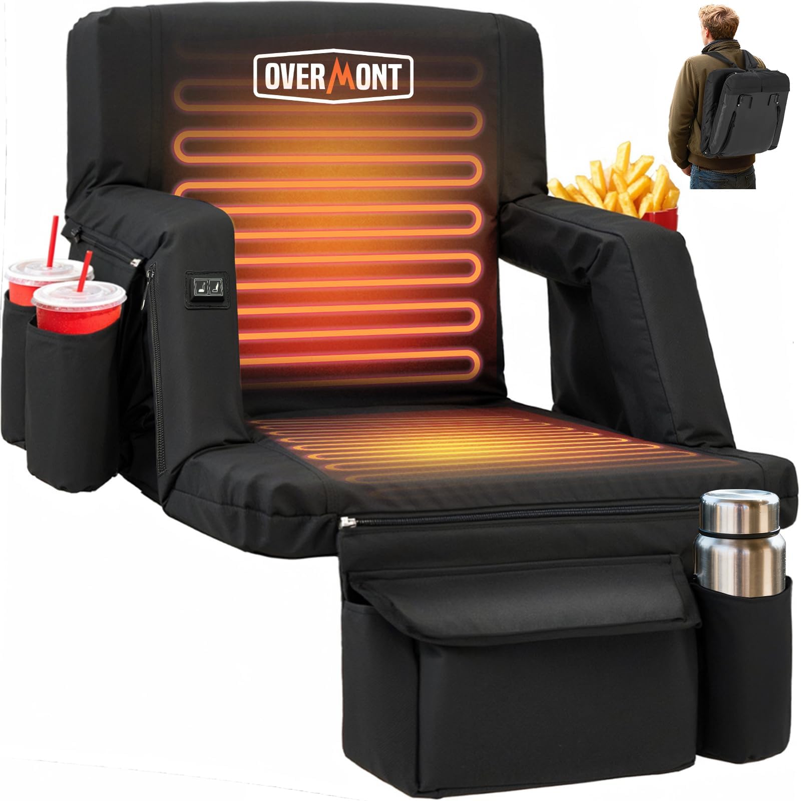 Overmont Heated Stadium Seat with Back Support – 3 Heat Levels, Dual-Zone Independent Control, 6-Position Recliner, Wide Cushion Dual Hooks Multiple Pockets – Bleacher Chair for Sport Camping Concerts