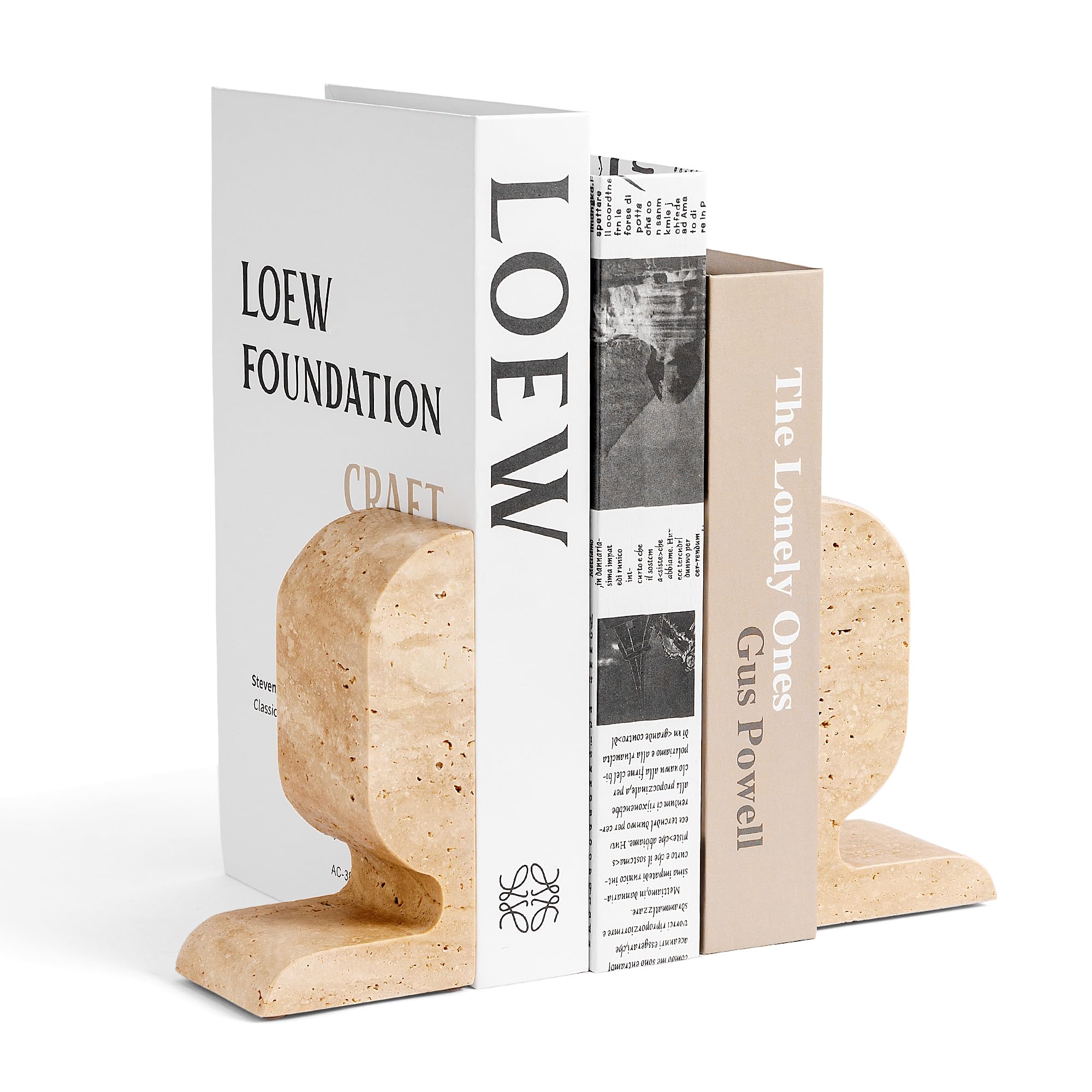 Travertin-Buchstützen dekorativ, Marmor dekorative Buchstützen für Regale, robuste Stein-Buchstützen für gebundene Buch- und Kochbücher, einzigartiger Buchstopper & Halter, 2 Stück, Beige (WH090