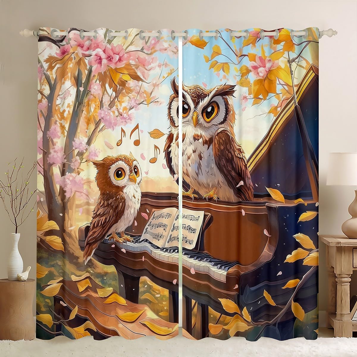 Manfei Guitar Kids Blackout Curtain,Retro Vinyl Record Musical Notes Angel Wings Window Drapes for Boys Girls,Rock Roll Music Brown Grey Window Treatments Grommet Top 2 Panel Set,42Wx90L inch