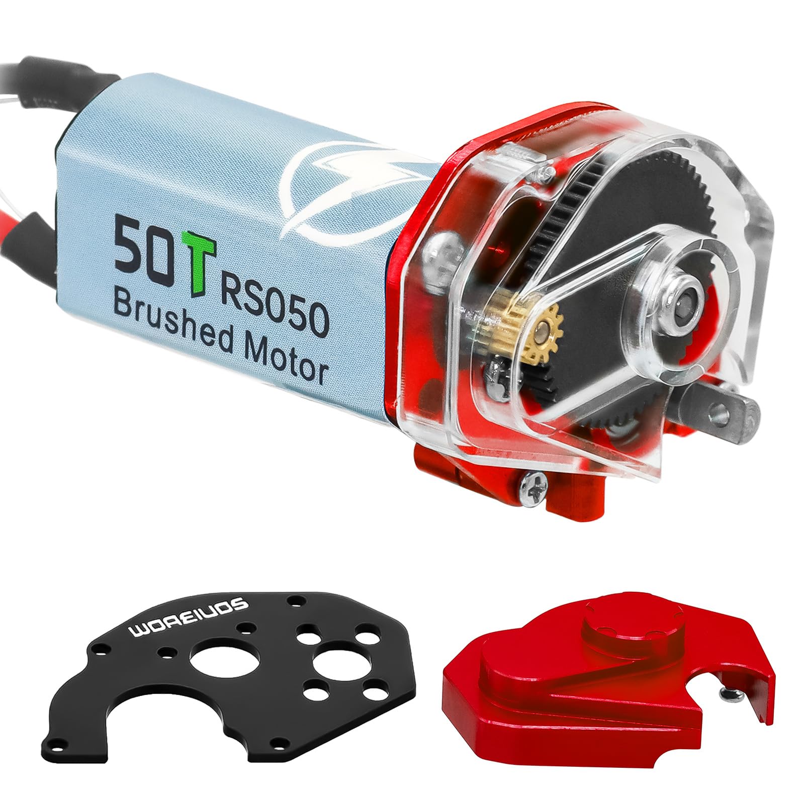 WOAEIUOS 050 50T Brushed Motor with Transparent Acrylic Aluminum Alloy Transmission Gearbox for 1/24 RC Crawler SCX24 AX24 Upgrade(Red)