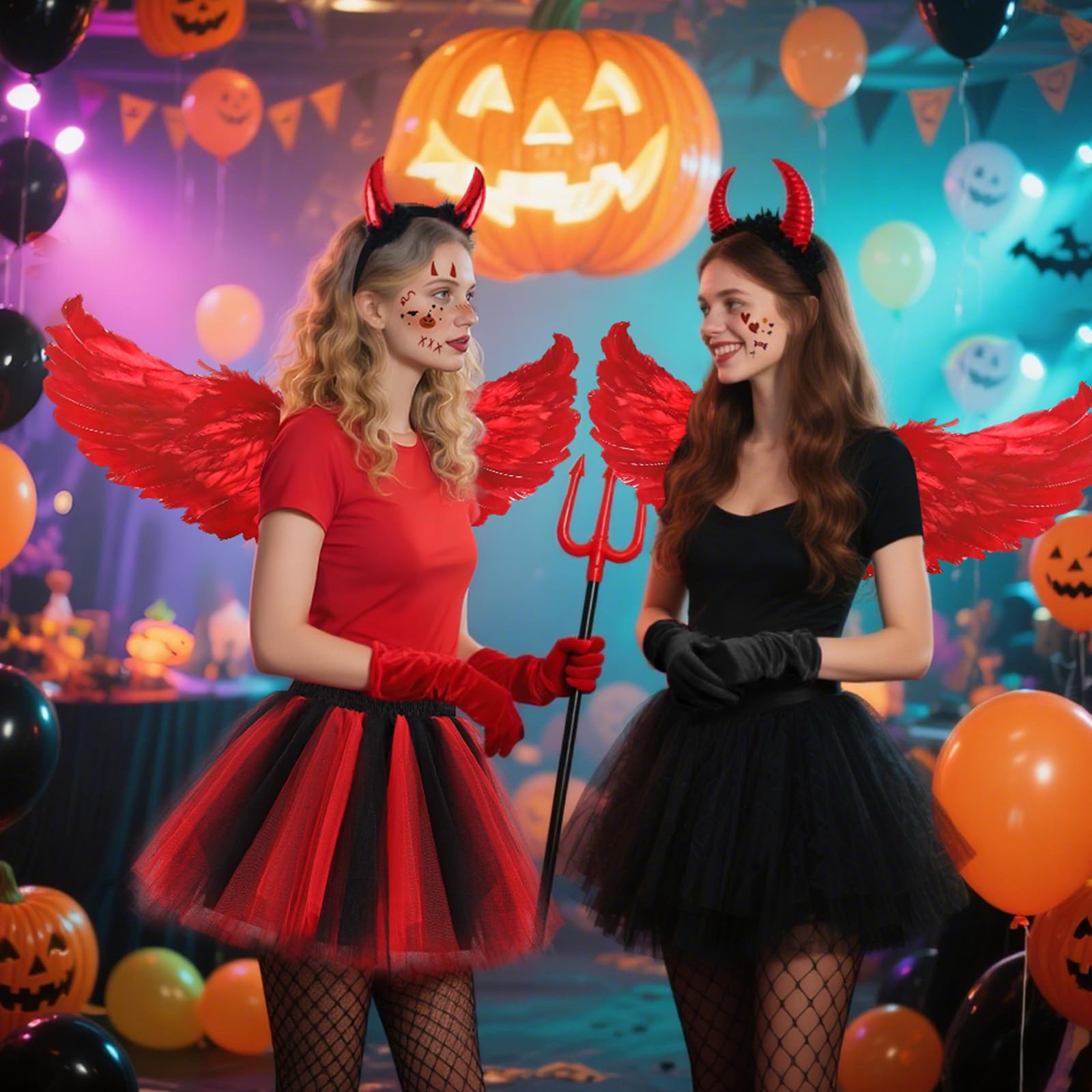 Costume Angelo Halloween Costume Donna con Ali Rosse Corna Forcone Diavolo Guanti Calze a Rete e Gonna Tutù, Ali Angelo Rosse Costume Diavolo per Adulto Bambino Feste di Halloween Carnevale