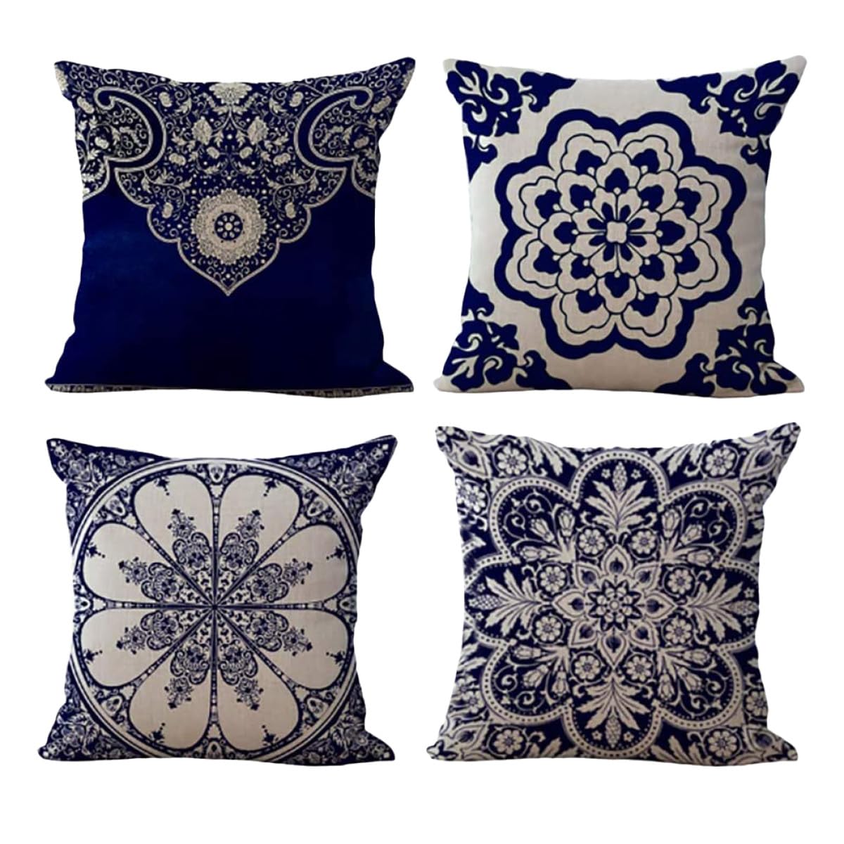 Set 4 Copricuscini in Lino Quadrati 45x45 Cm Motivo Floreale Stile Cinese, Federe per Cuscino Cerniera per Divano, Letto e Poltrona, Decorazione Casa e Ufficio