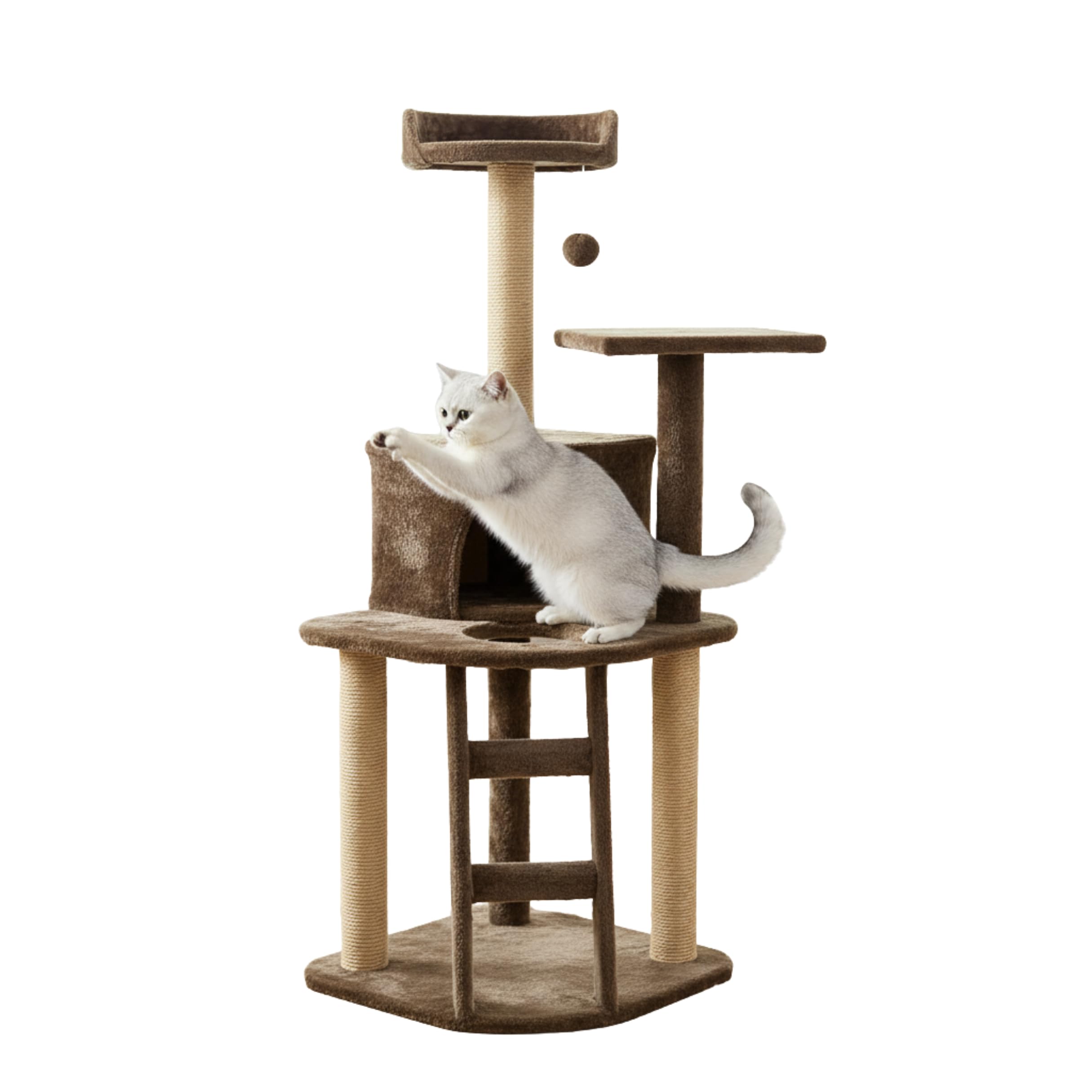 Multi-Level Cat Tree Tower, 47 Inch Tall Green Plush Condo with Natural Jute Posts, Platforms, Perches, 19 Inch Base (FURR-49) (Brown)-image-14