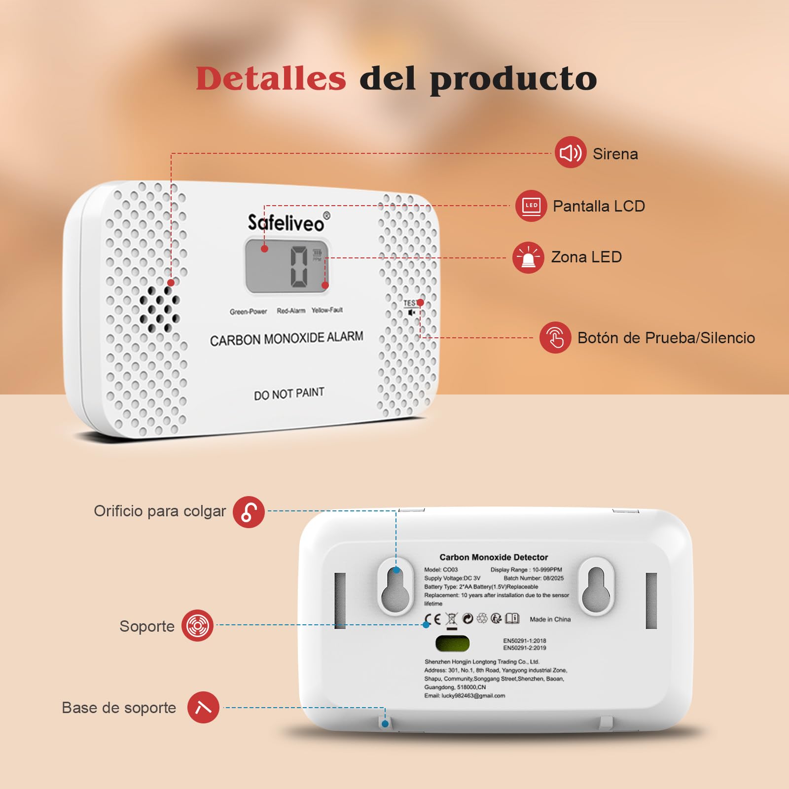 Safeliveo Detector de Monóxido de Carbono con Pantalla LCD,con Batería Reemplazable y botón de Prueba,Certificado EN 50291,Monitor Detector de CO Portátil para Hogar,Viajar y Caravanas -1 Pieza