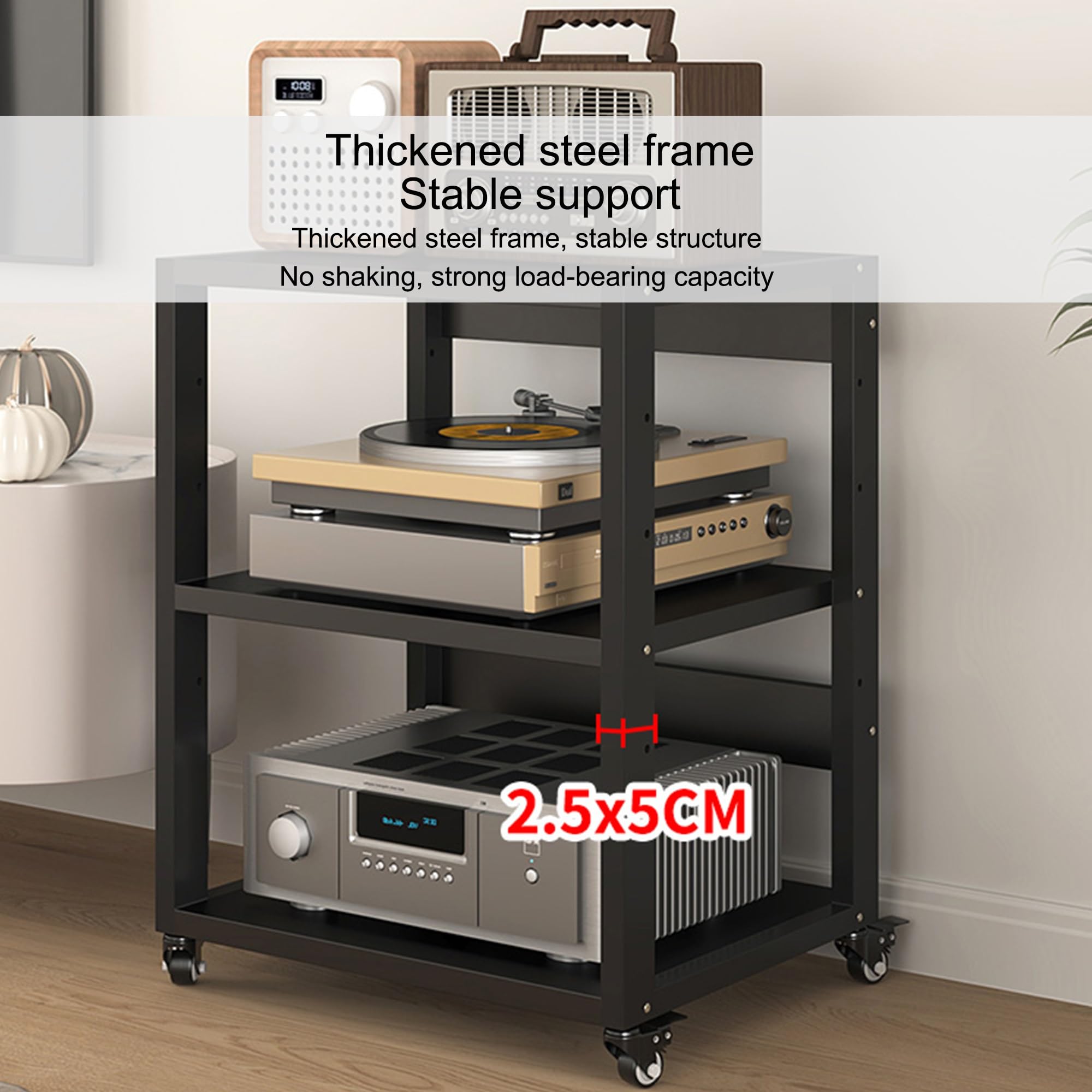 Ruchoma półka na media AV z kółkami, 5-poziomowy odtwarzacz płyt i stojak na telewizor, szafka stereo i stojak na audio, do salonu, pokoju gier, studia muzycznego, 55 x 50 x 110 cm