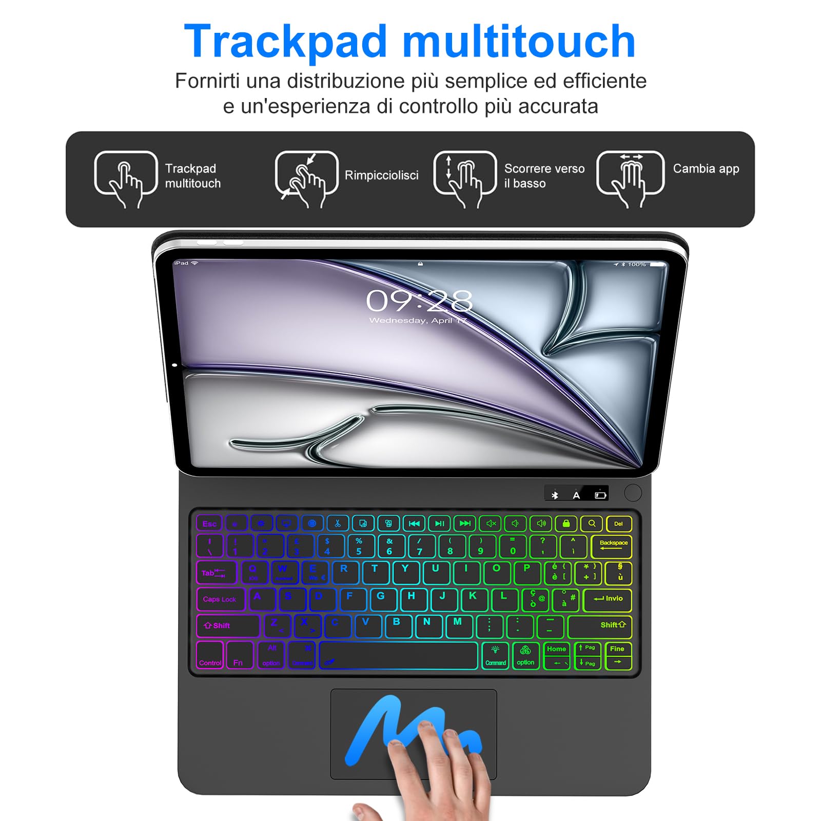 Per iPad Air 11 M4 2026/M3 2025/M2 2024 e Pro 11/Air 5/4 Gen Magic Keyboard | Retroilluminazione a 7 Colori Cover Tastiera Wireless Portatile con Supporto Flottante e Trackpad per Ufficio/Studio, Nero