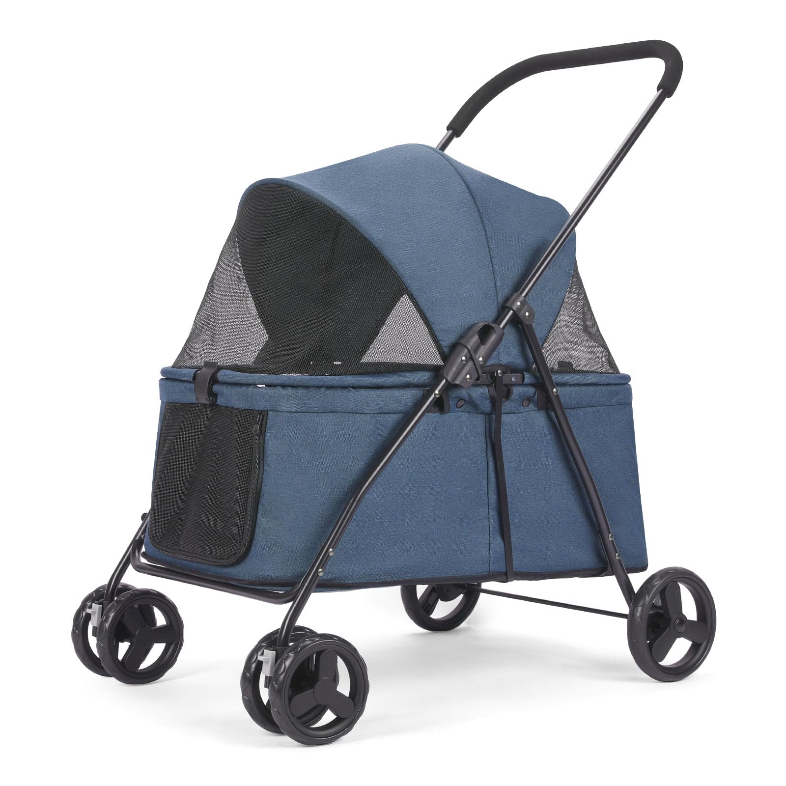 Dog Stroller with 4 Heavy Duty Wheels, Puppy Travel Carts, Foldable Pet Stroller with Adjustable Handle - Double Doggie Capacity Jogger Wagon with Back Front Door for Small Medium Dogs (Navy-)