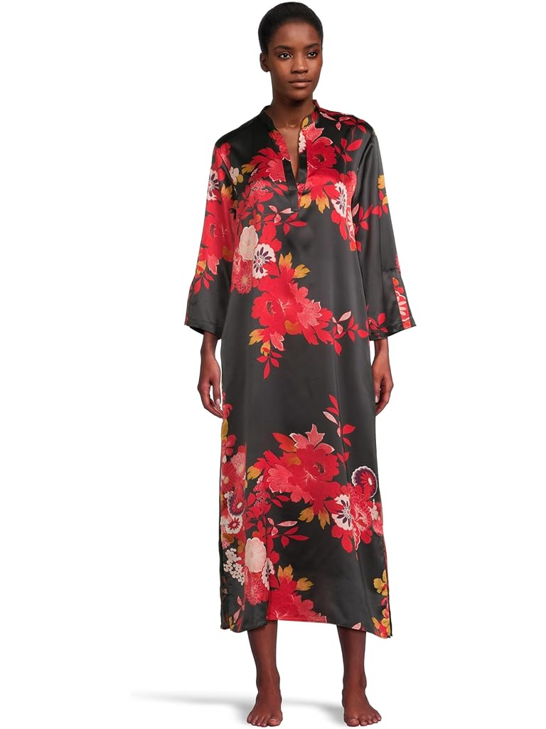 Black Natori Empress - Printed Satin Mandarin Collar Caftan