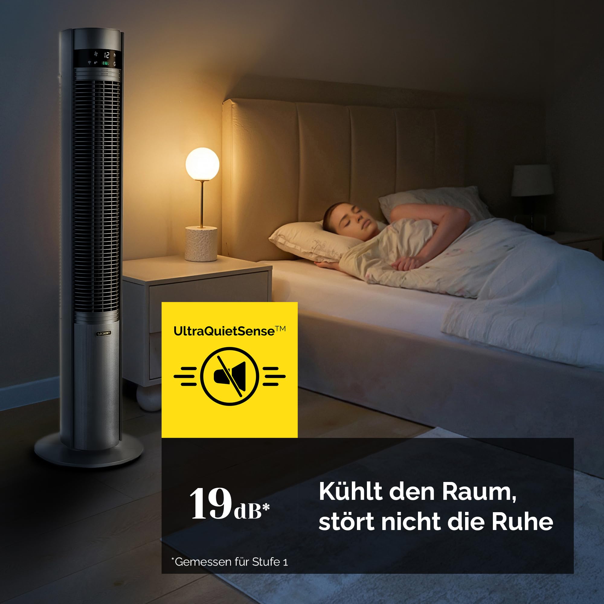 YOER CoolWhisper TF07G Leiser Turmventilator, 19dB, 12 m Wurfweite, WLAN & App, 12 Geschwindigkeitsstufen, 80° Oszillation, Plasma-Ionisator, grau