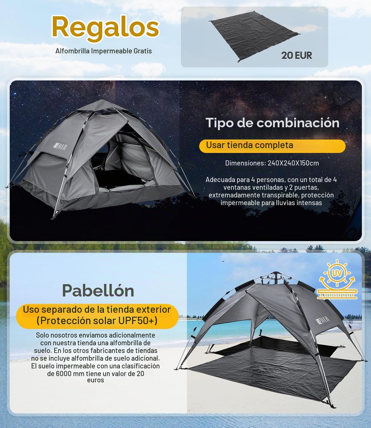 DEWUR Tienda de campaña para 2 – 4 personas, resistente al agua, para senderismo, camping, exterior, festival