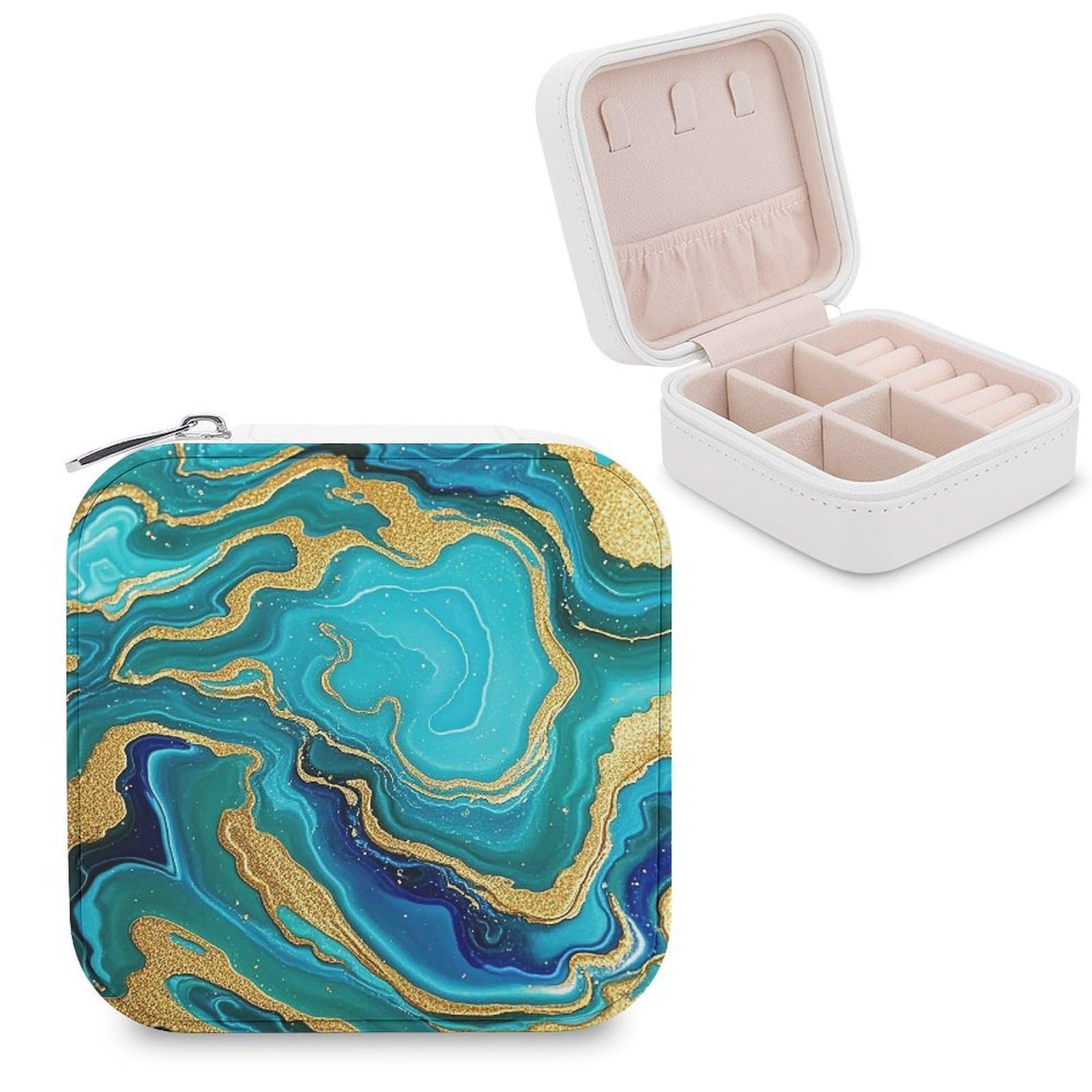 FekiLoot Turquoise Blue Gold Marble Jewelry Case Personalized Leather Jewelry Box Mini Travel Jewelry Case Small Portable Jewelry Organizer for Ring Earrings Necklace Bracelet