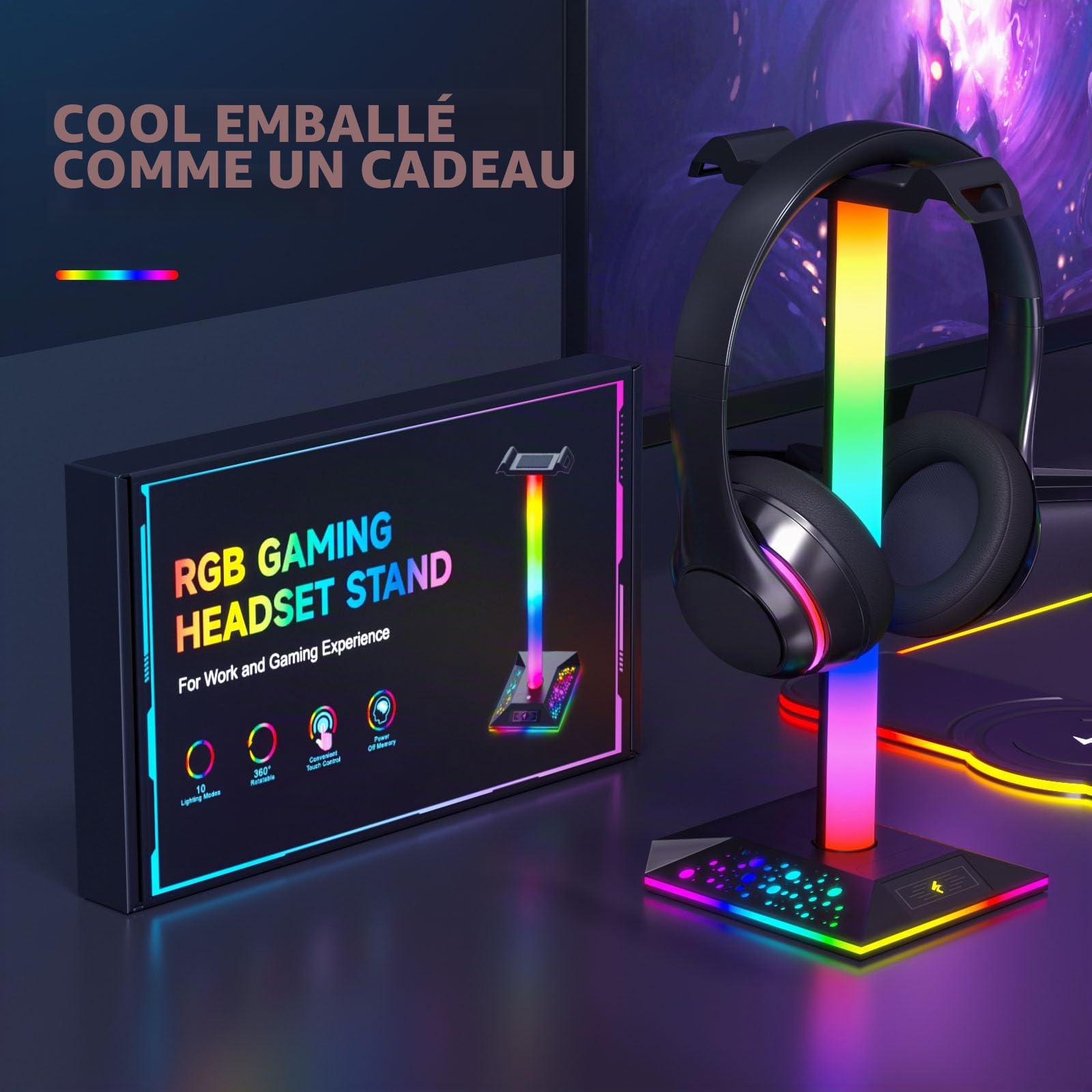 Hcman Support Casque Gamer RGB Porte Casque Gaming Accessoire LED Repose Casque avec 2 Ports USB, Portable Universel Headset Stand, Noir