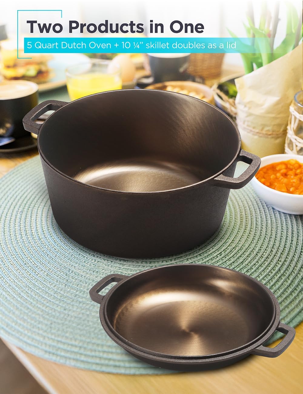 BLACK+DECKER 5-Quart Cast Iron Dutch Oven with 10.25-Inch Skillet Lid, Pre-Seasoned Cast Iron Cookware with Bronze Finish & Polished Interior, Works on All Cooktops Including Induction, Oven & Grill Safe, BDK202BR, Bronze