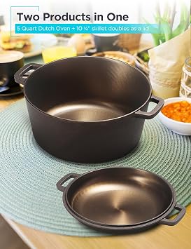 BLACK+DECKER 5-Quart Cast Iron Dutch Oven with 10.25-Inch Skillet Lid, Pre-Seasoned Cast Iron Cookware with Bronze Finish & Polished Interior, Works on All Cooktops Including Induction, Oven & Grill Safe, BDK202BR, Bronze