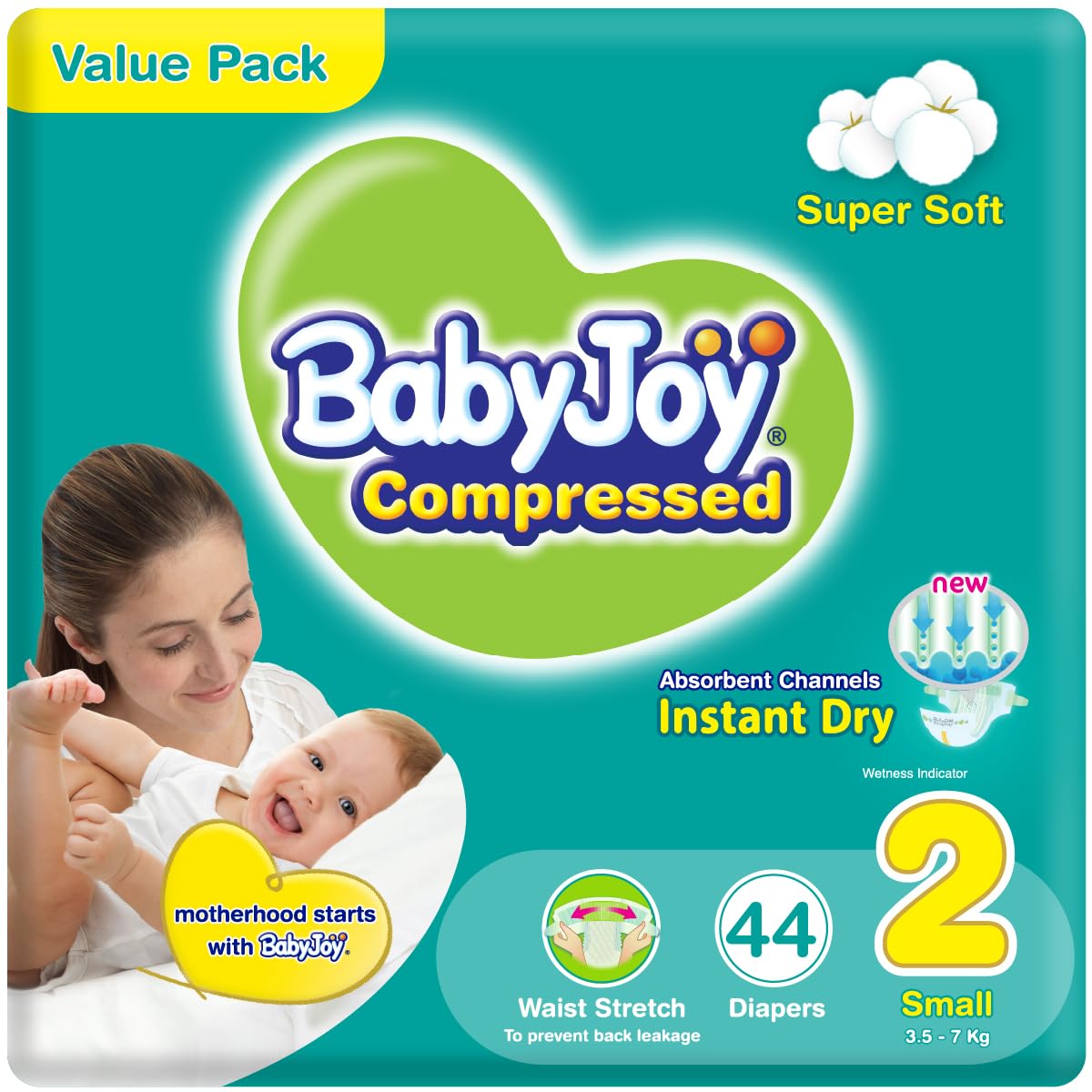 BabyJoy 2X Compressed Diamond Pad Diaper, Size 2, Small, 3.5-7 Kg, Value Pack, 44 Diapers